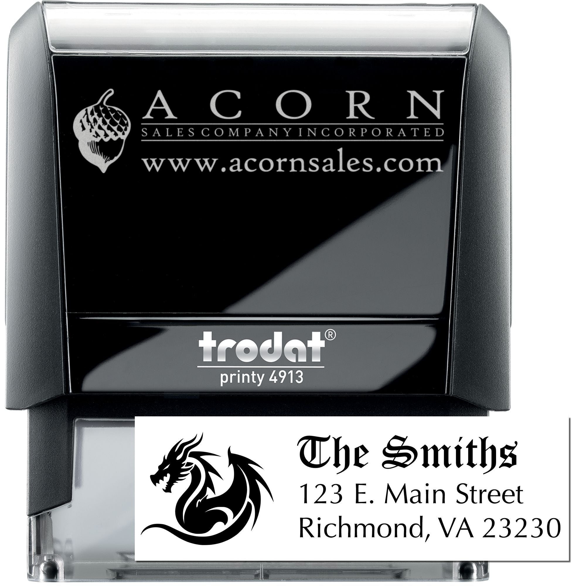 Trodat Printy 4913 custom self-inking rubber stamp with logo, business name and address for branding and mailings.