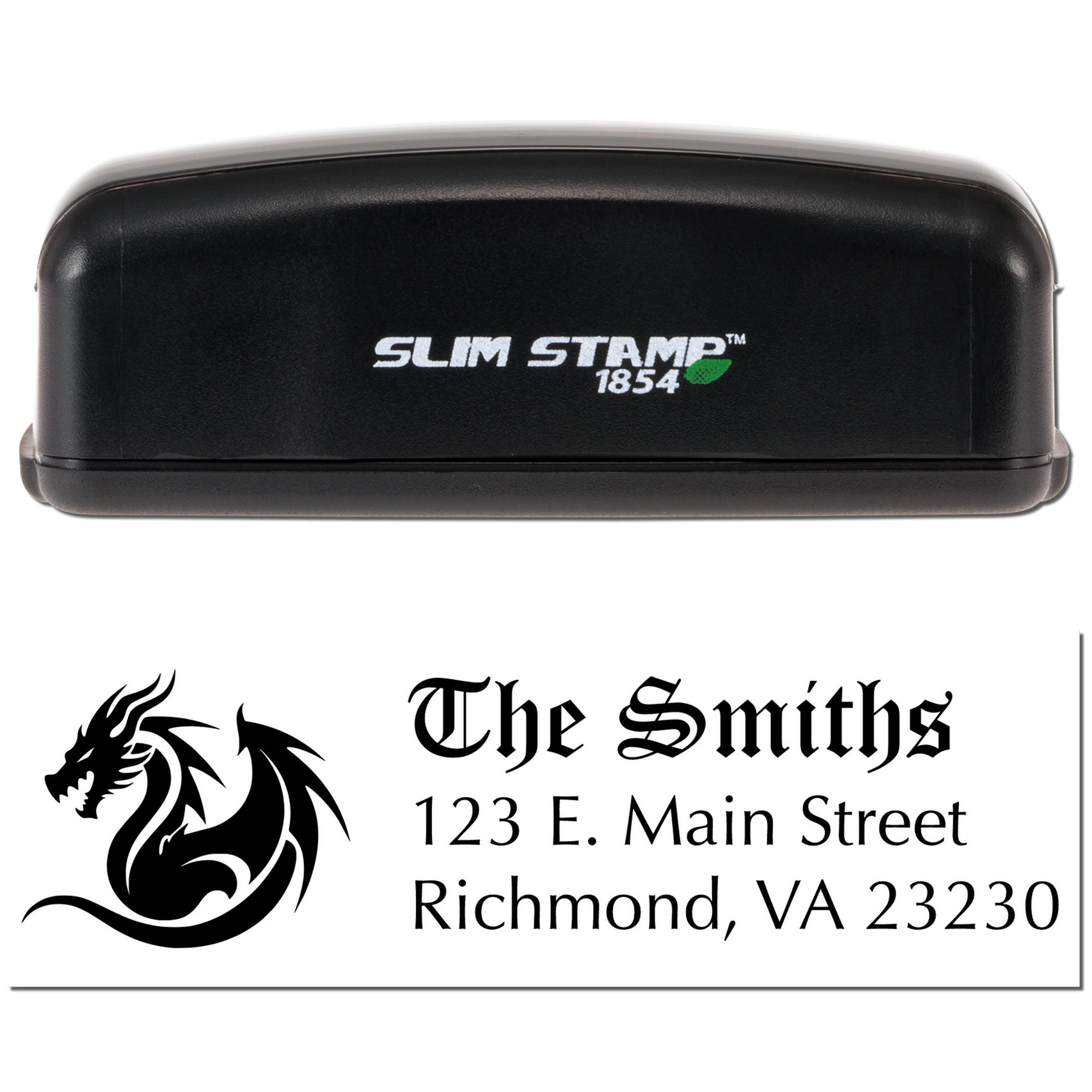 Slim Stamp 1854 custom rubber stamp for logos and return addresses, shown with dragon artwork and The Smiths Richmond, VA sample.