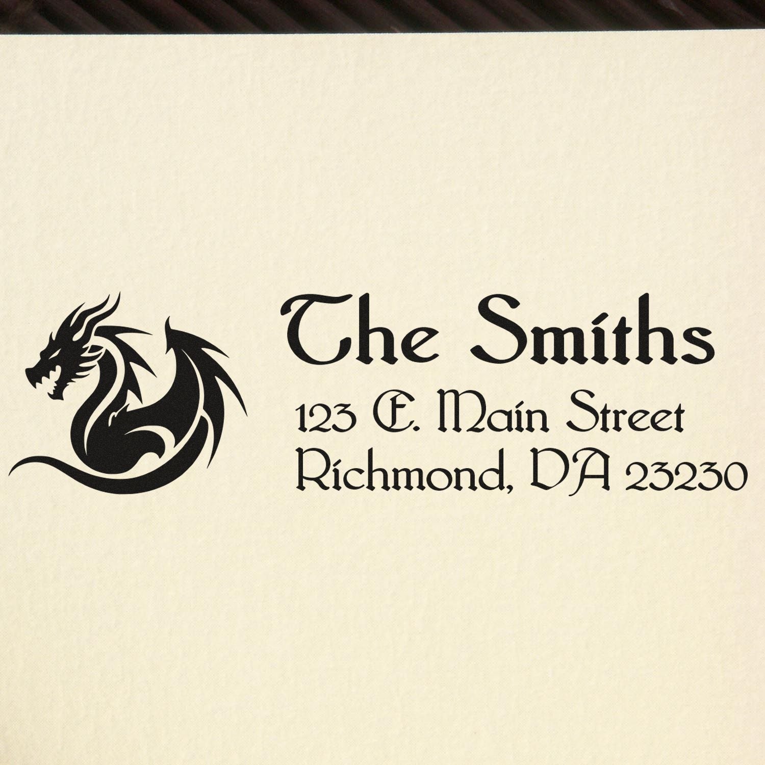 Custom return address rubber stamp with dragon logo, The Smiths, Richmond, VA.