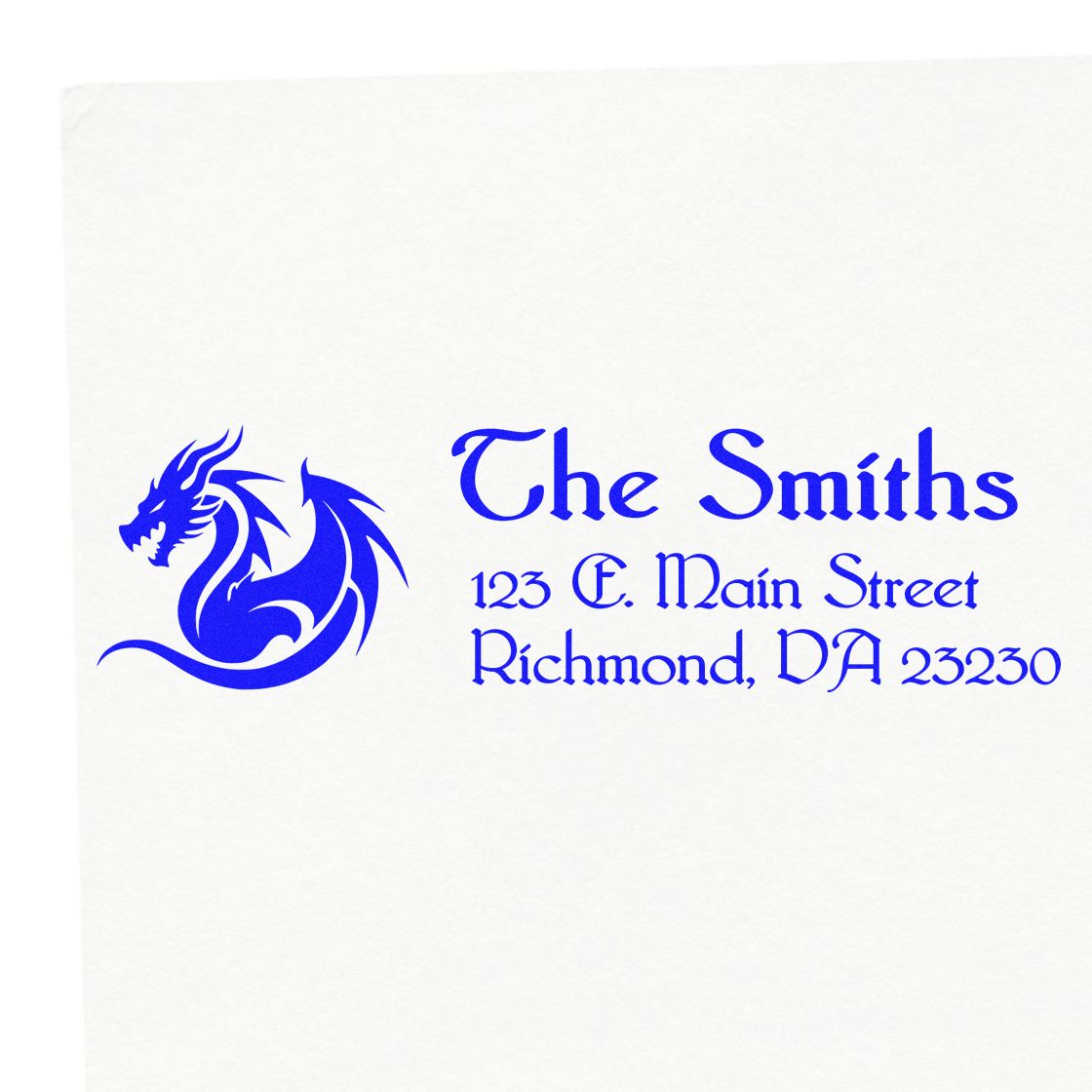 Custom rubber stamp with dragon logo and The Smiths address, 123 E. Main Street, Richmond, DA 23230.