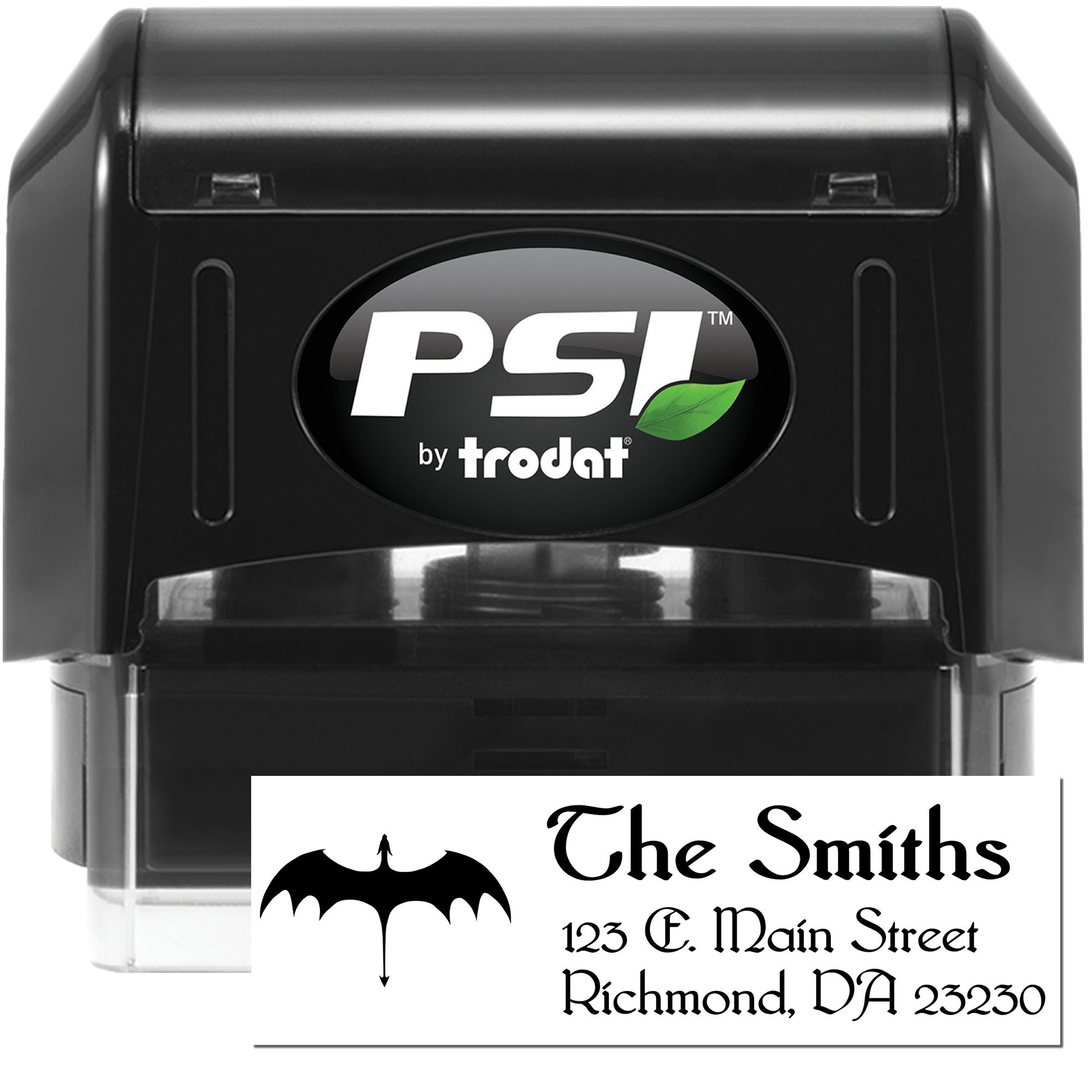 PSI by Trodat self-inking rubber stamp with custom return address and bat logo for personalized mailing.