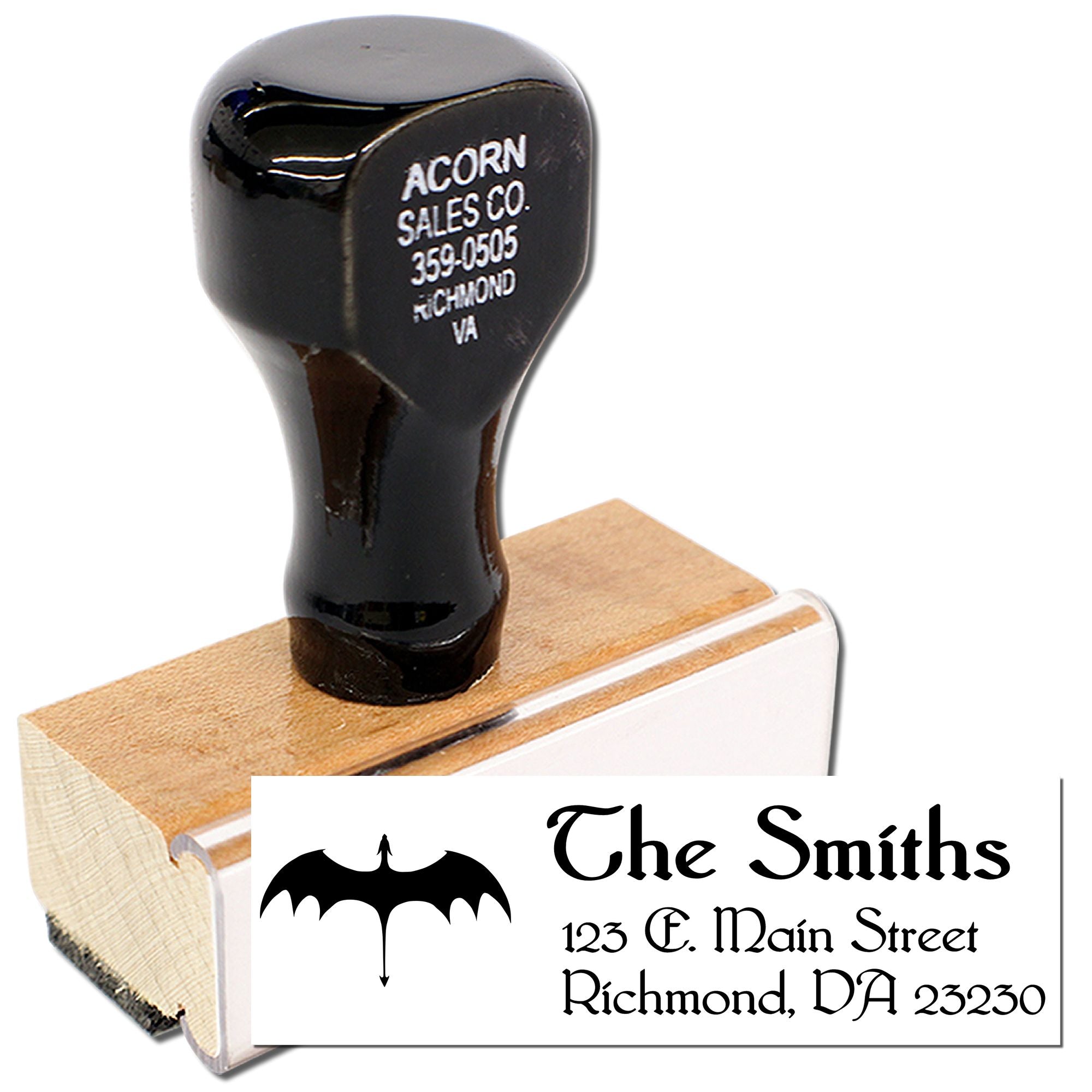 Custom rubber address stamp with bat logo, The Smiths name, and Richmond, VA return address.