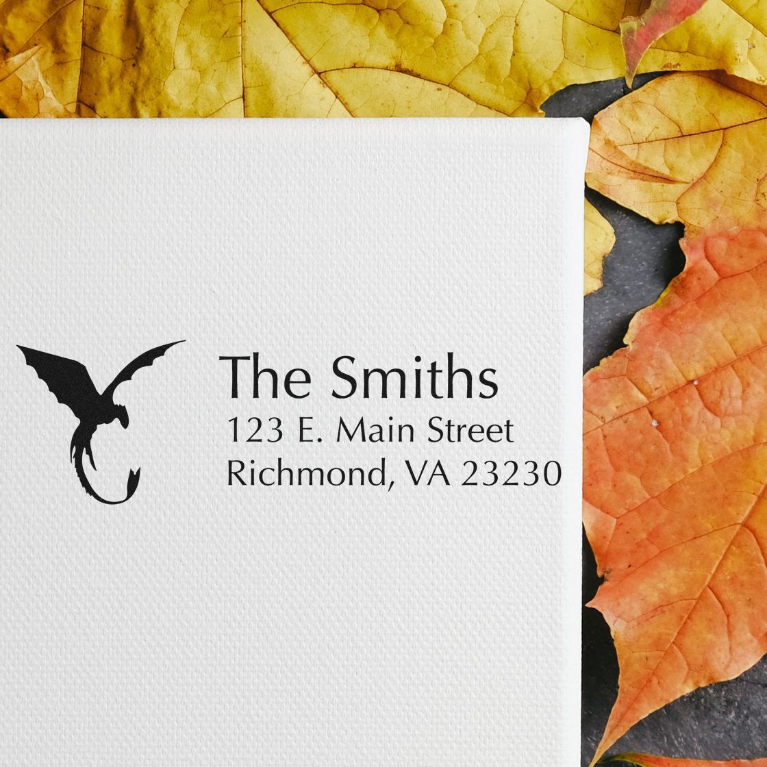 Personalized custom return address rubber stamp for The Smiths with dragon logo and Richmond, VA address.