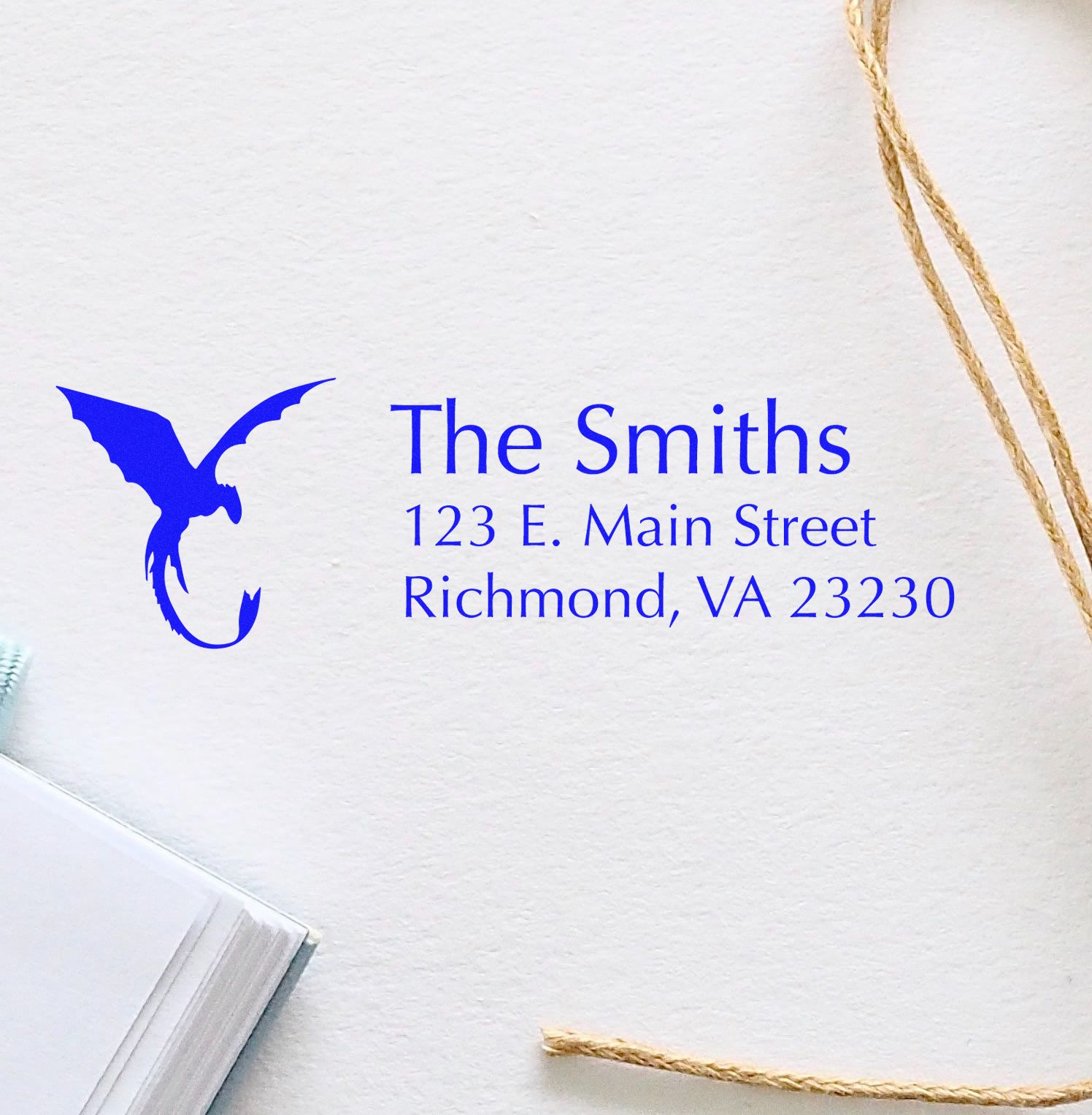 Custom return address rubber stamp with bird logo for The Smiths, Richmond VA 23230