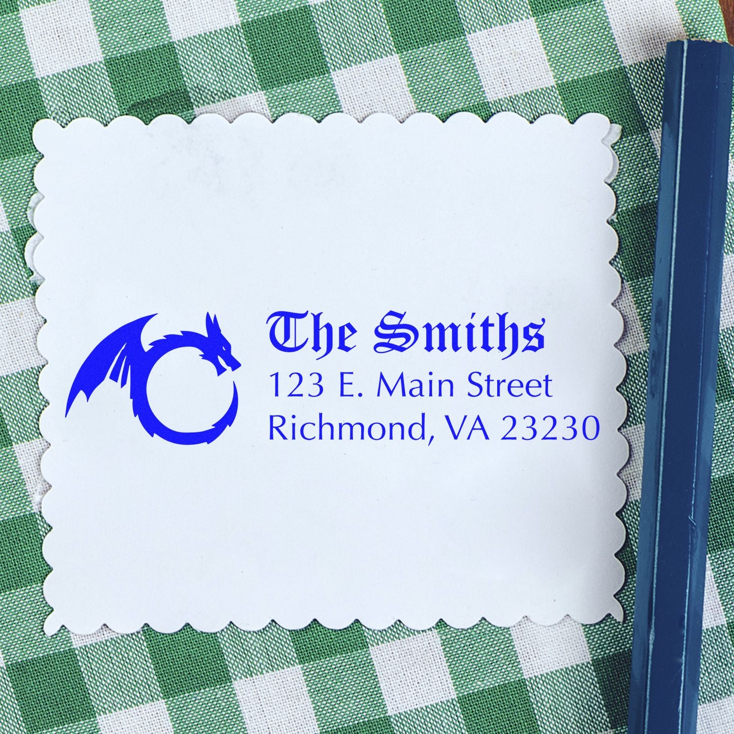 Personalized rubber address stamp with dragon logo, The Smiths name, and Richmond, VA return address.