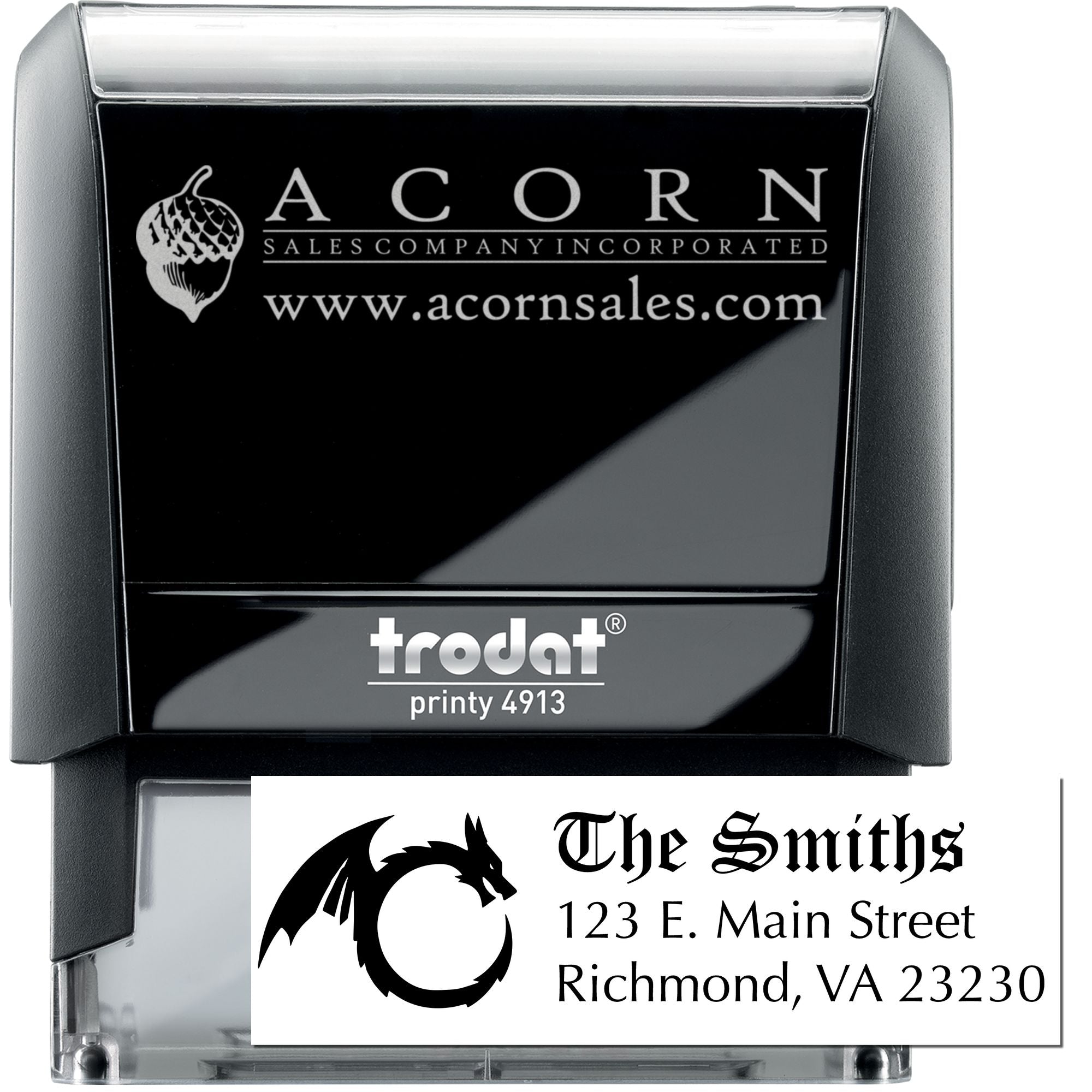 Trodat self-inking rubber stamp with custom business logo, name, and address for professional mailing