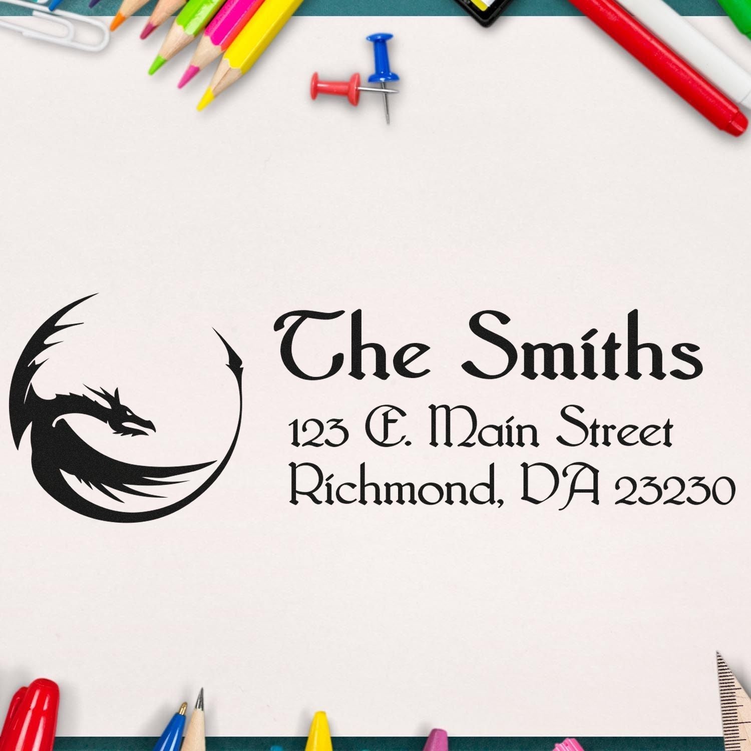 Custom dragon address rubber stamp for The Smiths, Richmond, VA 23230, ideal for personalized mail and branding.