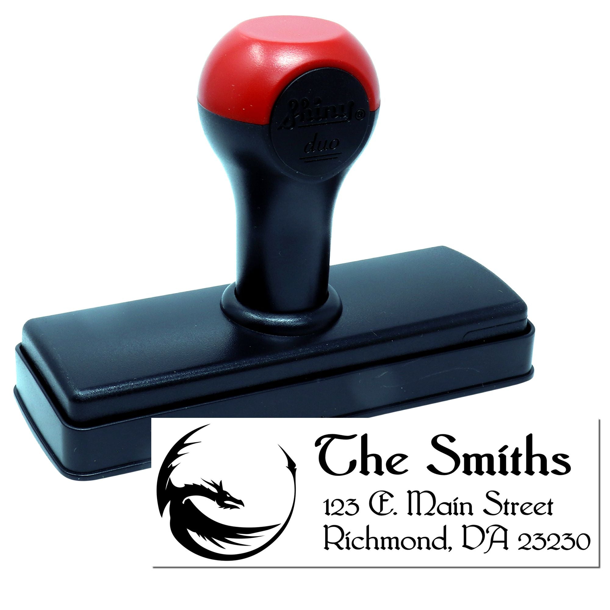 Custom self-inking address rubber stamp with dragon logo for The Smiths, personalized return address stamp