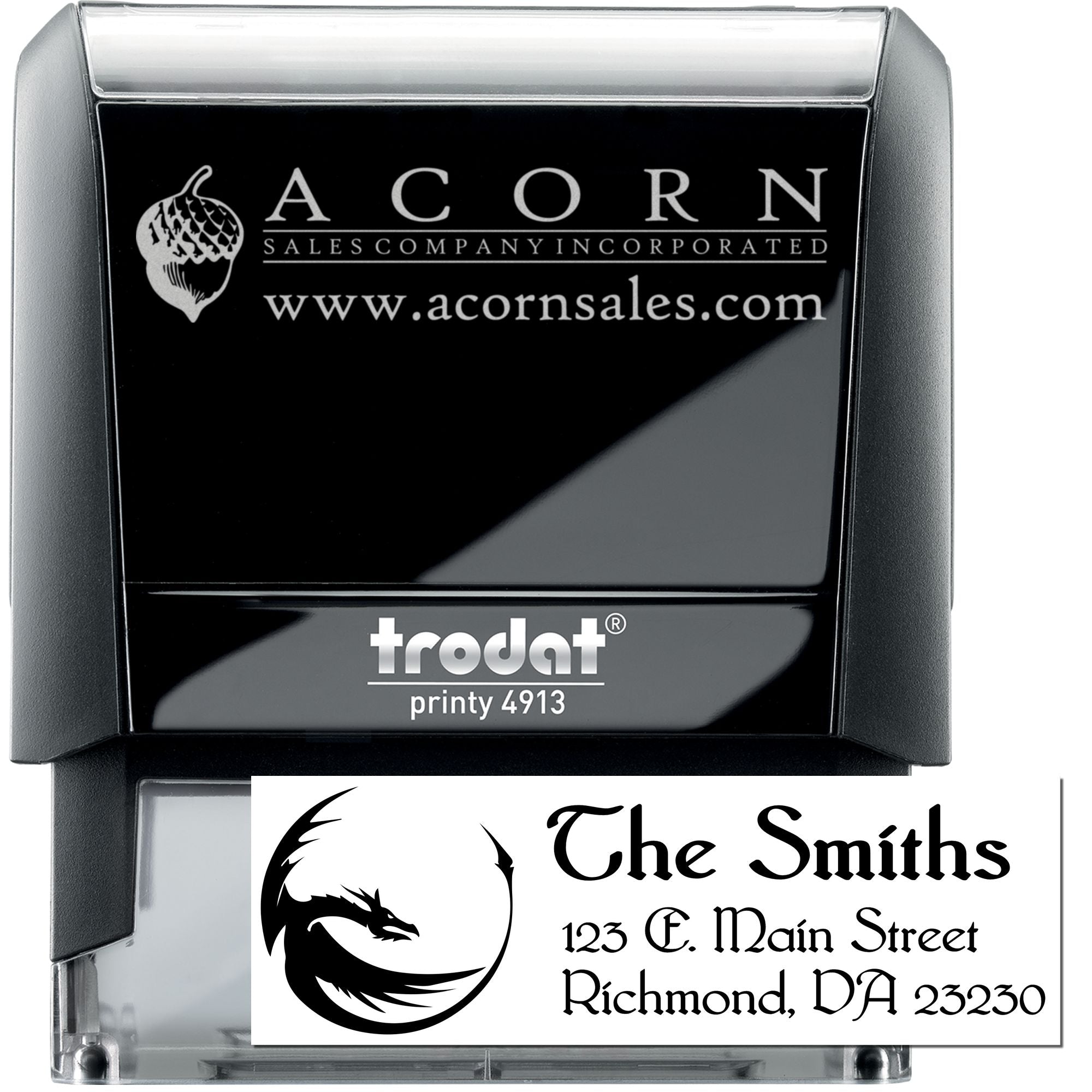 Custom self-inking rubber stamp examples for business logos and address labels, shown on Trodat Printy 4913.