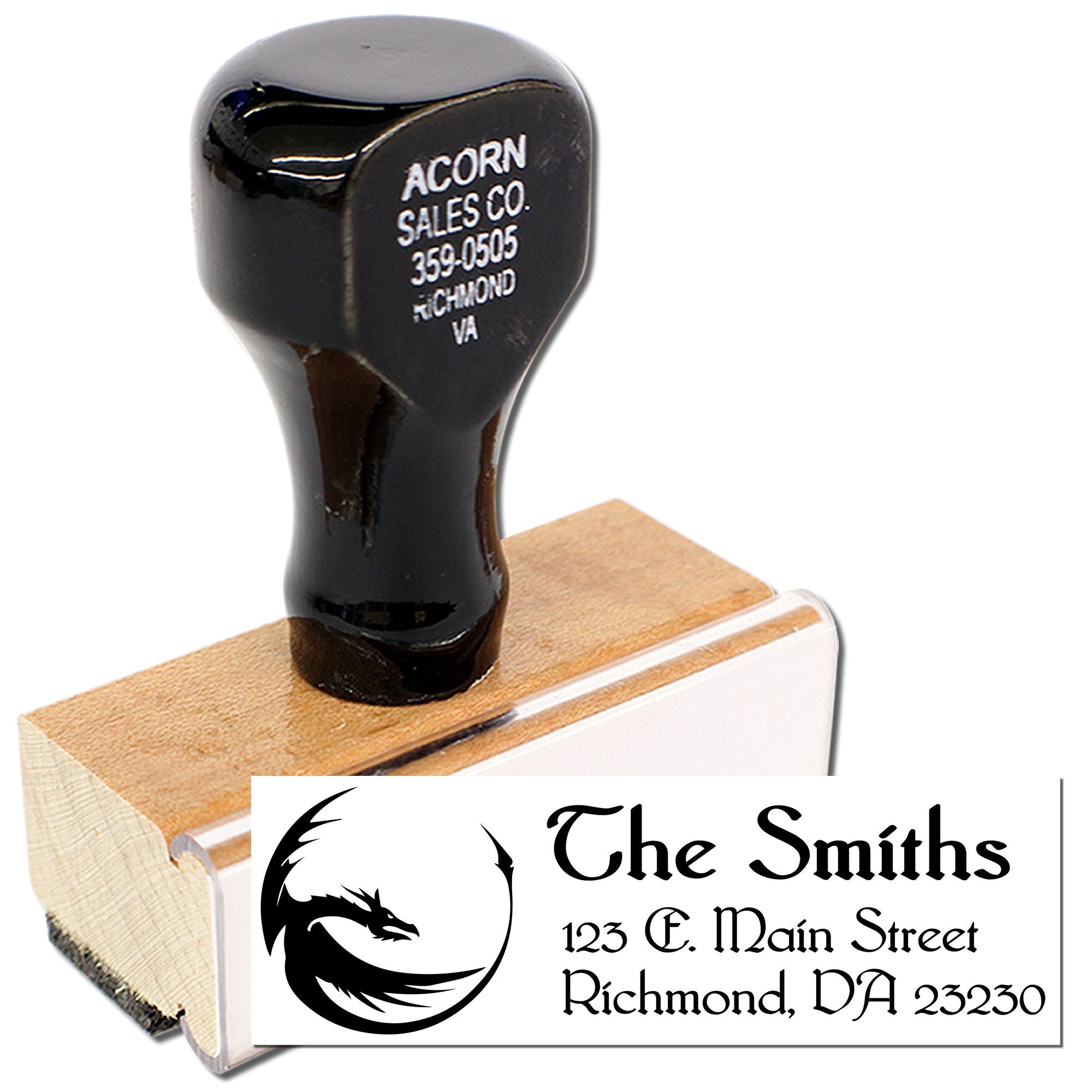 Custom address rubber stamp with dragon logo for The Smiths, ideal for personalized return mailing and business use.