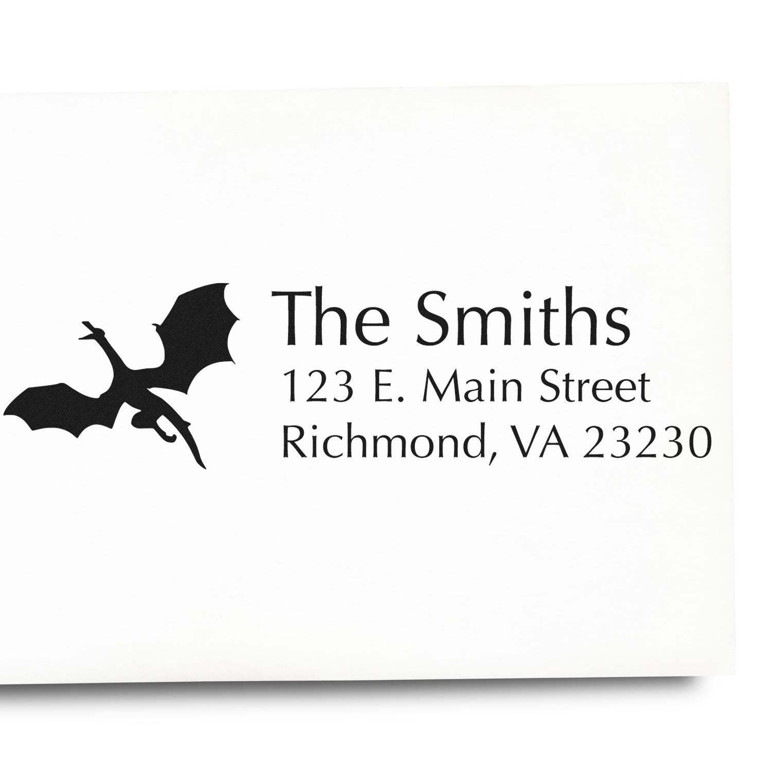 Custom bat-themed address rubber stamp for The Smiths, featuring name and Richmond, VA mailing address.
