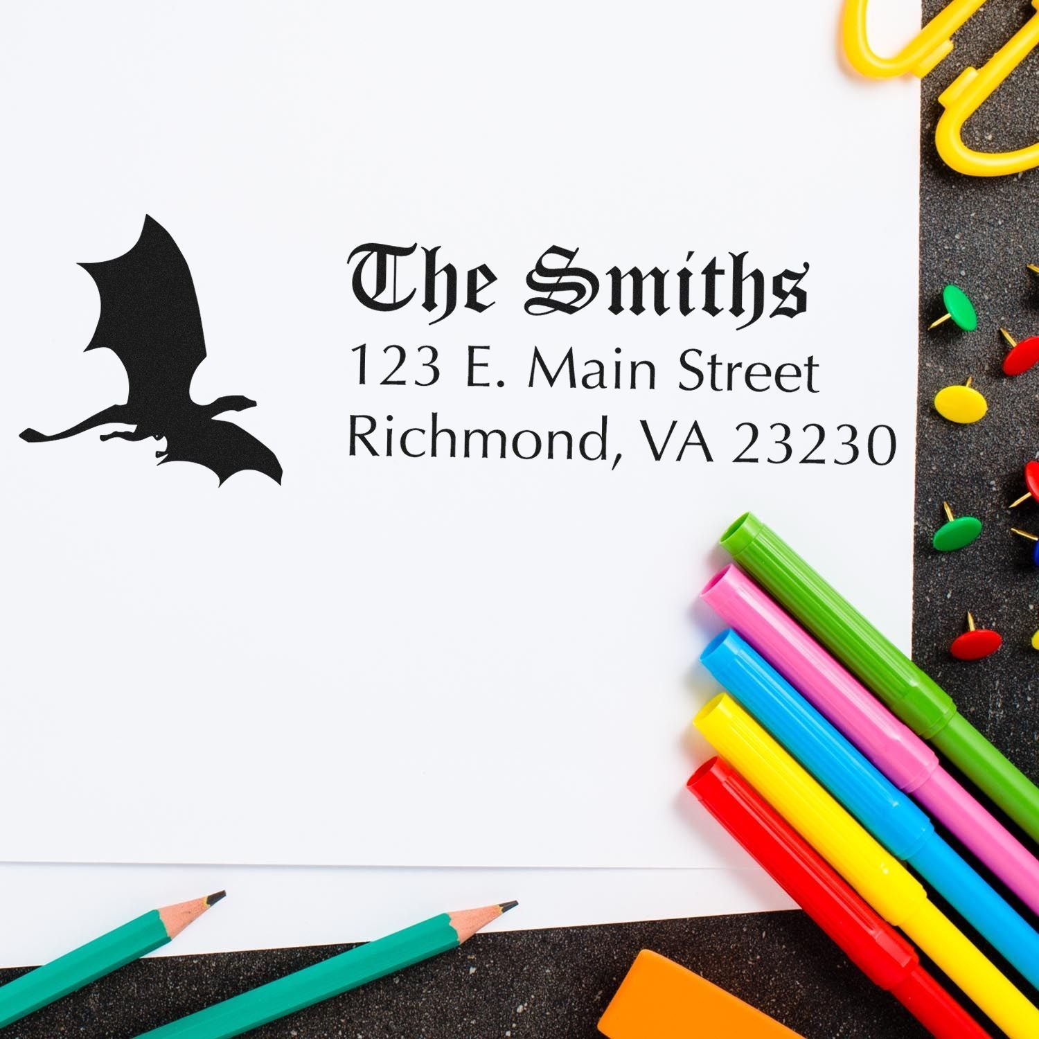 Custom return address rubber stamp design for The Smiths with bat logo, Richmond, VA 23230.