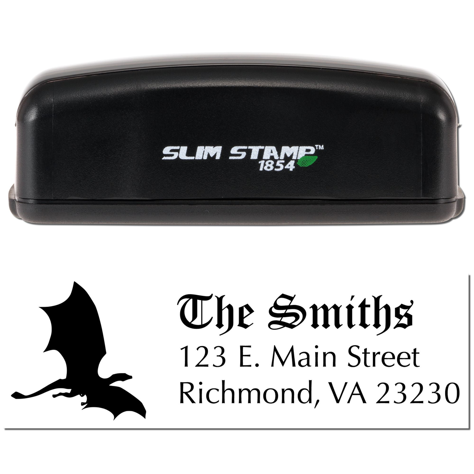 Custom Slim Stamp 1854 rubber stamp preview with bat logo and The Smiths address imprint for business mailing and branding.