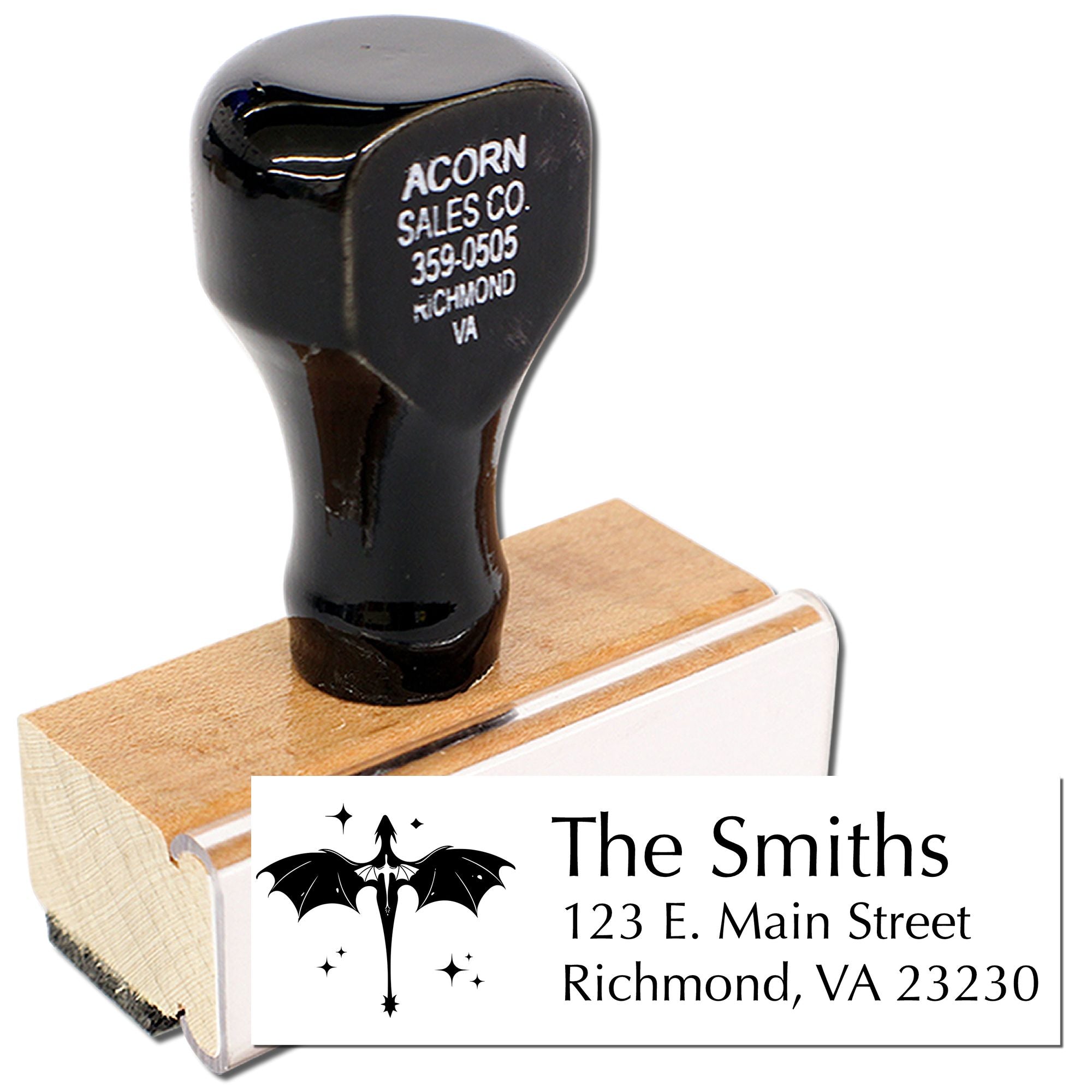 Custom address rubber stamp with bat design for The Smiths, Richmond, VA, personalized return address stamp for mailing.