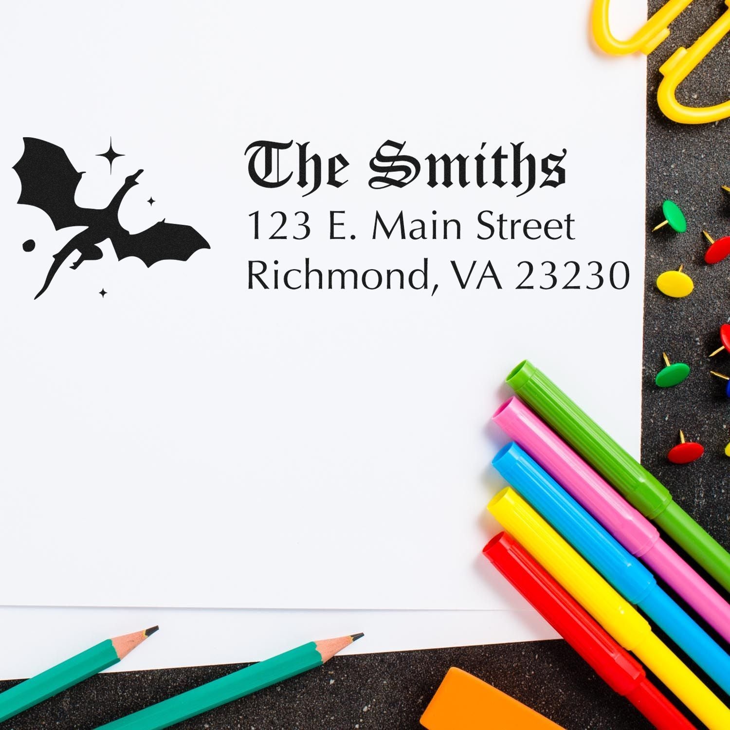 Custom rubber stamp design for The Smiths with bat logo and return address, ideal for personalized address stamps.