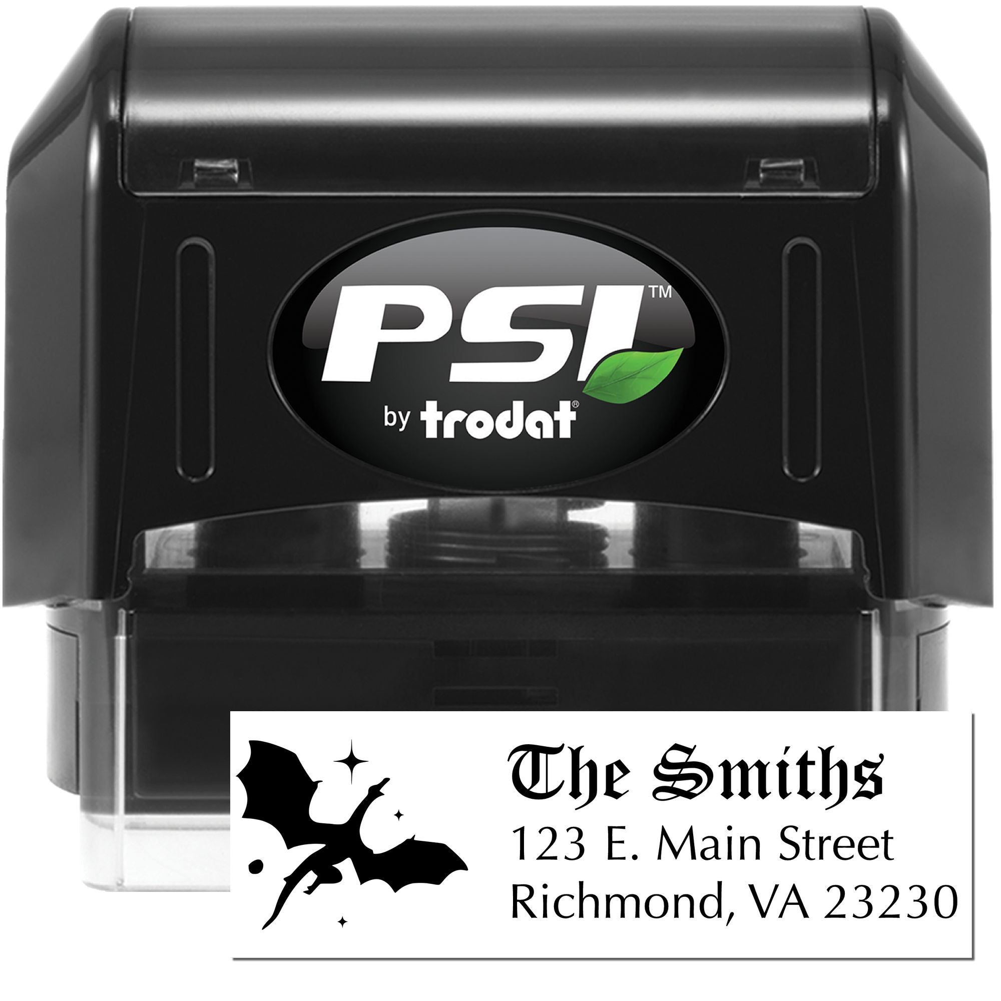 PSI by Trodat self-inking custom address rubber stamp with bat design for The Smiths, 123 E. Main Street, Richmond, VA 23230