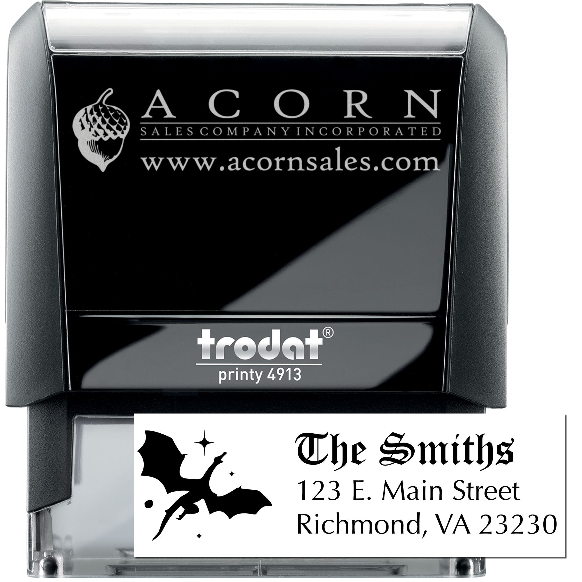Custom business address rubber stamp, Trodat Printy 4913 self-inking, with logo imprint for mailing and branding.
