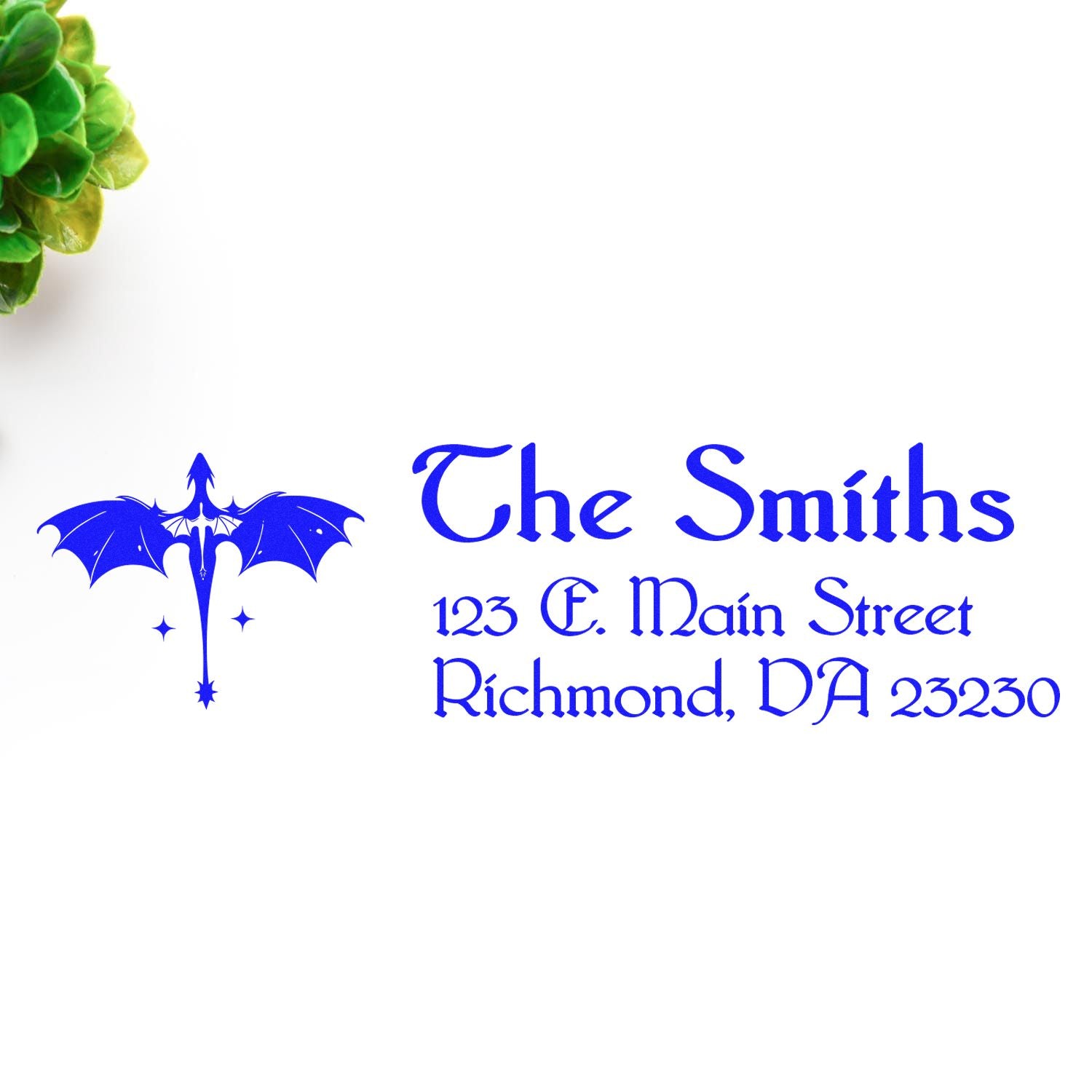 Custom rubber stamp return address for The Smiths with dragon logo, 123 E. Main Street, Richmond, VA 23230