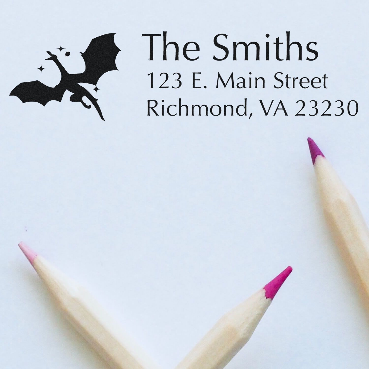 Custom return address rubber stamp for The Smiths, featuring a bat design and Richmond, VA address.