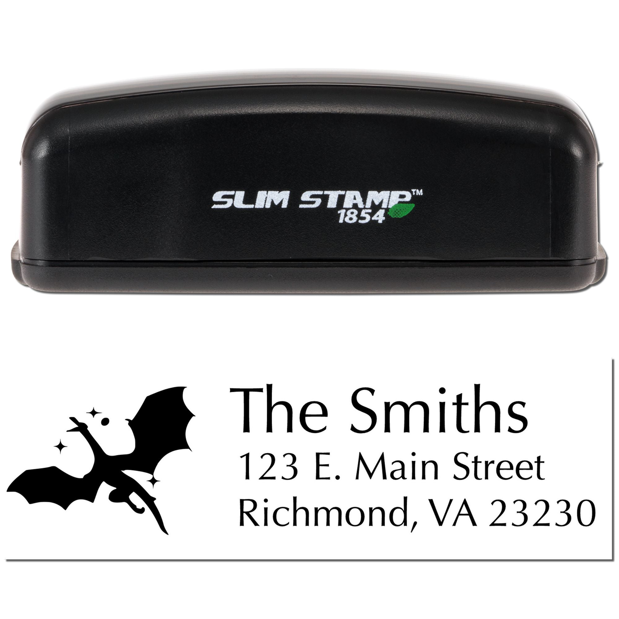Slim Stamp 1854 custom address rubber stamp with bat graphic for The Smiths, Richmond VA return mailing.