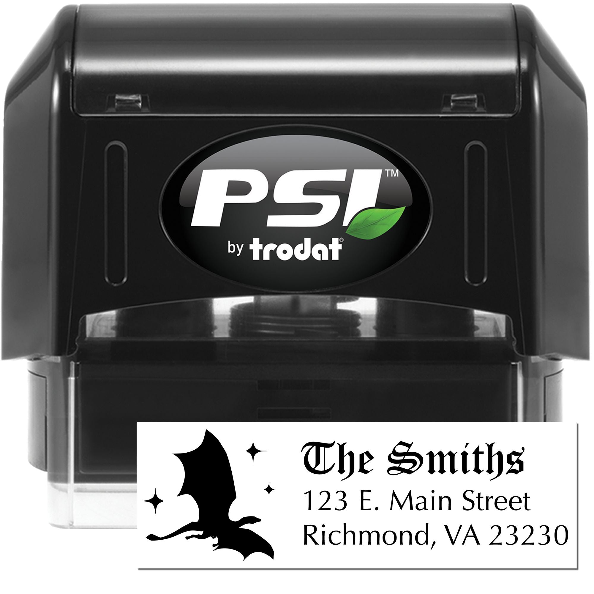 PSI by Trodat self-inking rubber stamp with custom bat design and address imprint for personalized business mailings.