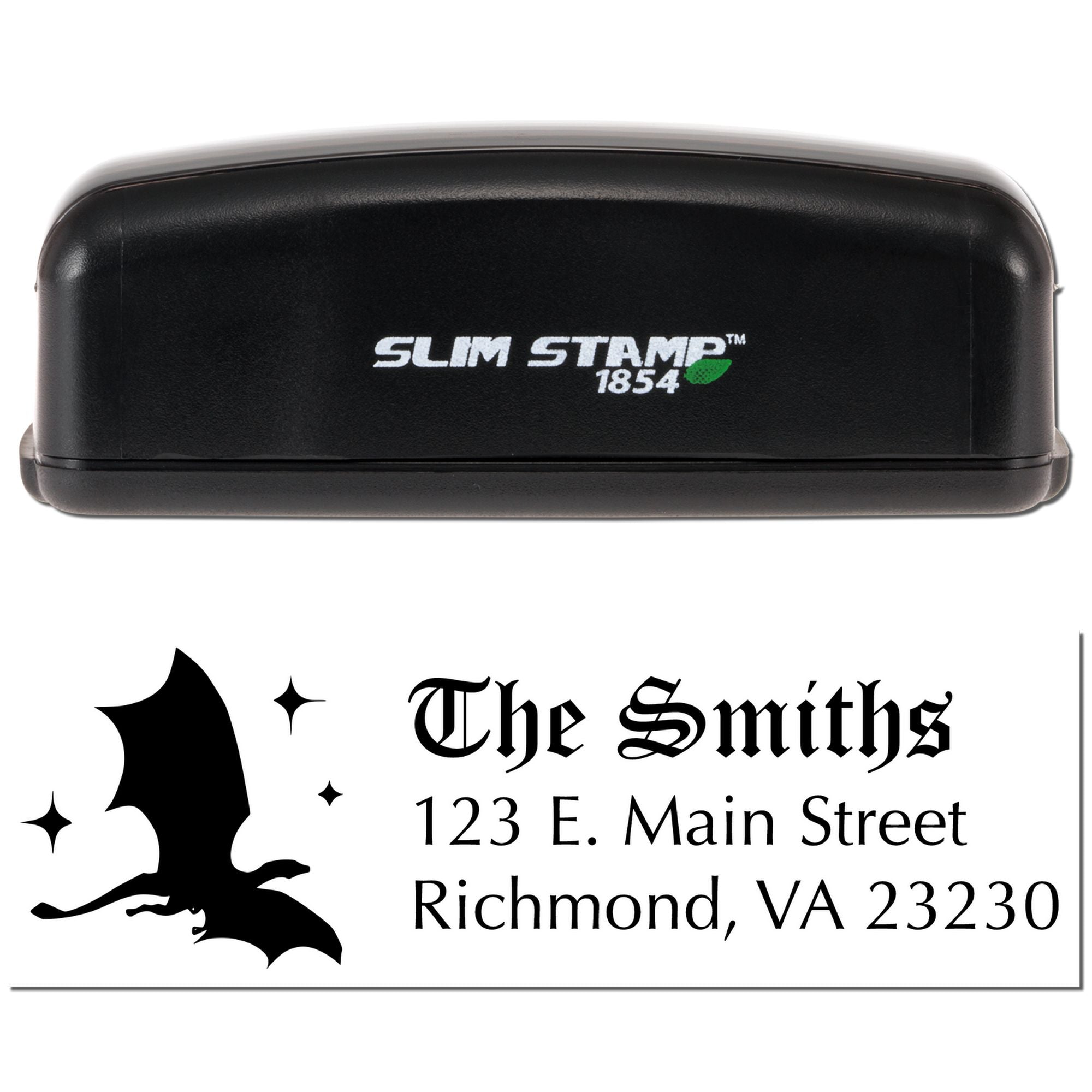 Custom address rubber stamp with gothic bat design, showing Slim Stamp 1854 self-inking case and imprint.