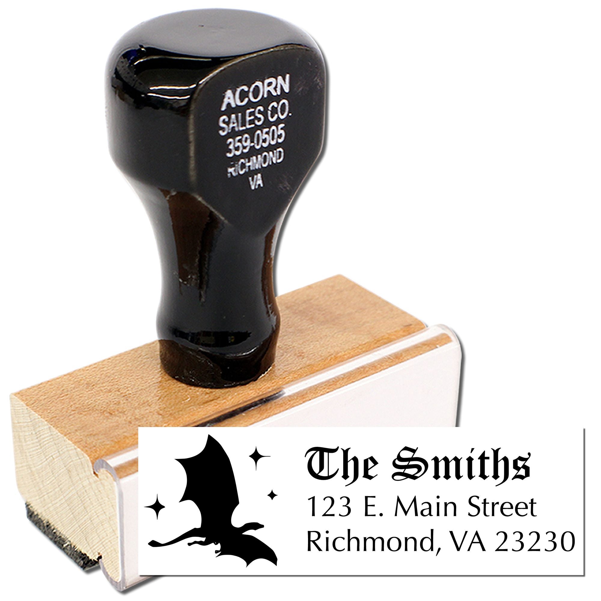Custom rubber address stamp with bat logo for The Smiths, 123 E. Main Street, Richmond, VA 23230.