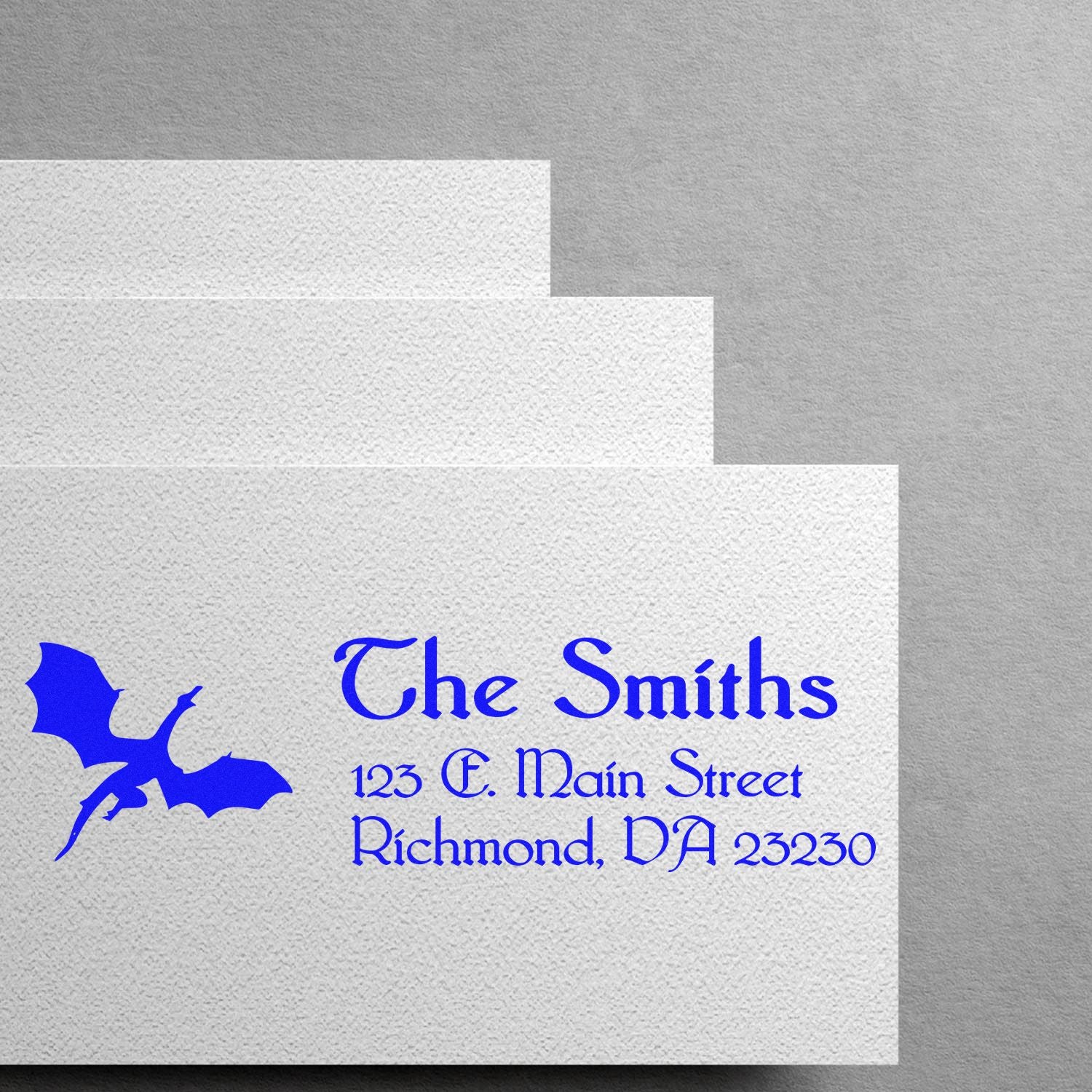 Custom rubber stamp address design for The Smiths with bat silhouette and Richmond, VA 23230 return address.