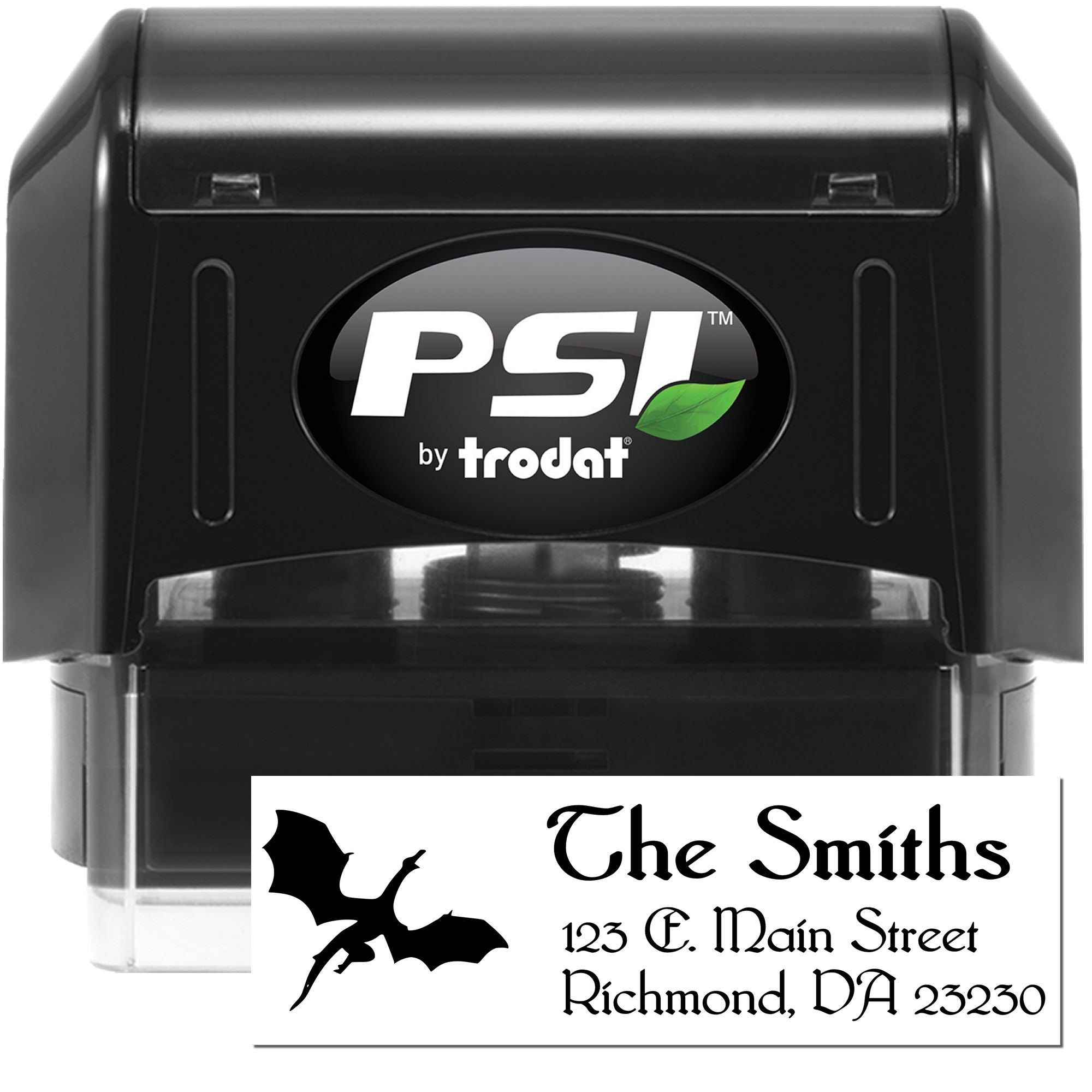 Personalized self-inking rubber address stamp for The Smiths with bat logo, custom return address in Richmond, VA.