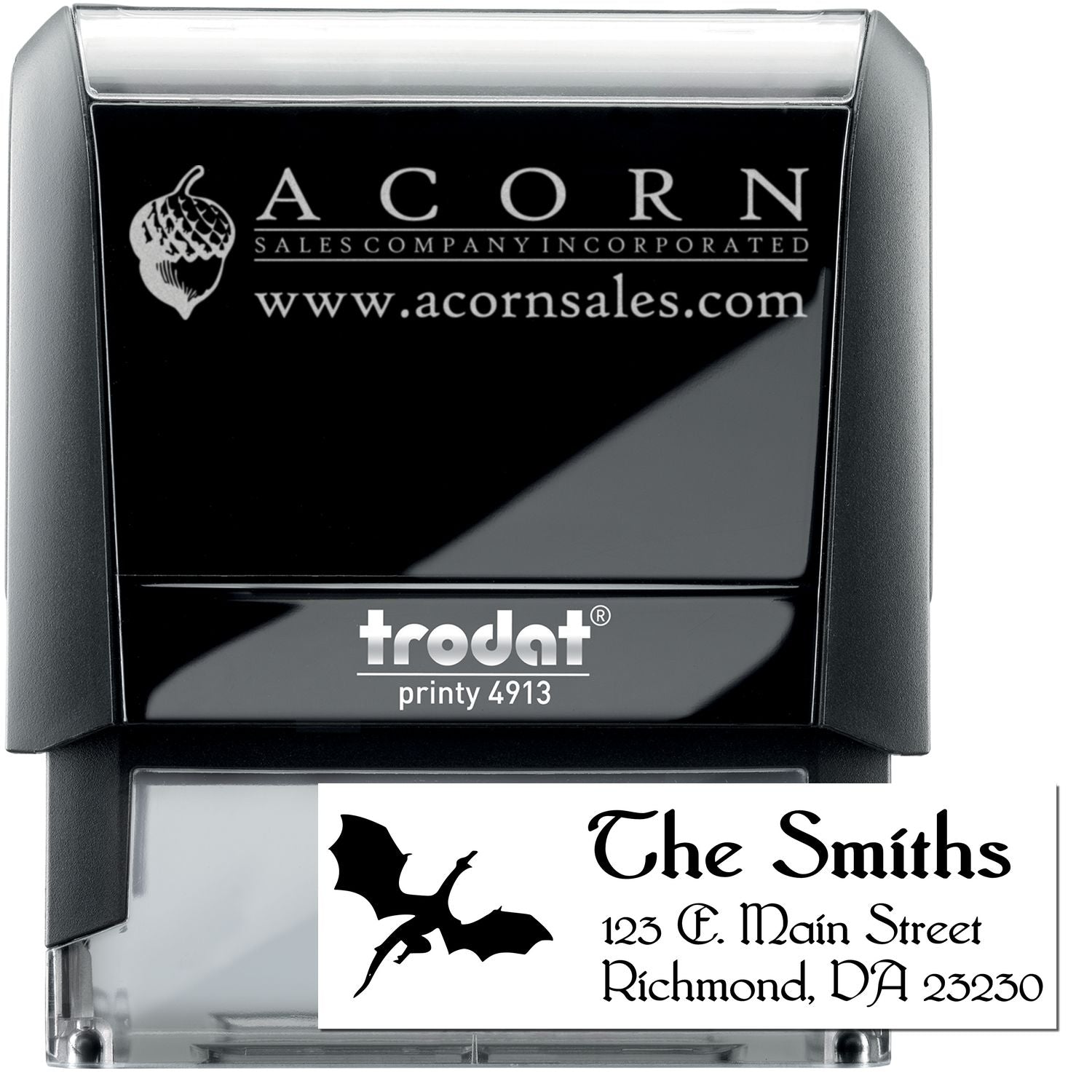 Custom self-inking rubber stamp with logo and address, Trodat Printy 4913 for business branding and mailing labels.
