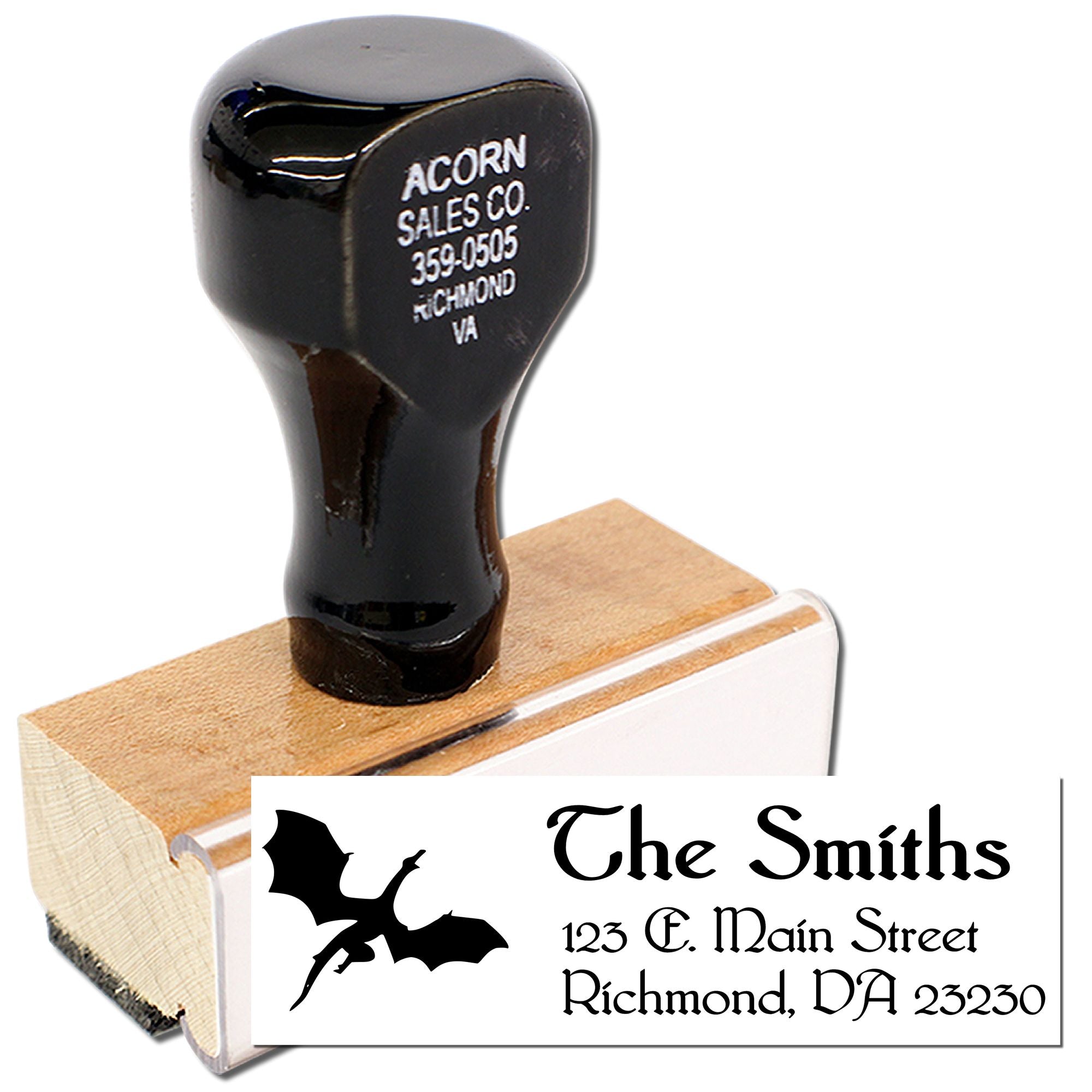Custom rubber address stamp with bat design for The Smiths, featuring a Richmond, VA return address.