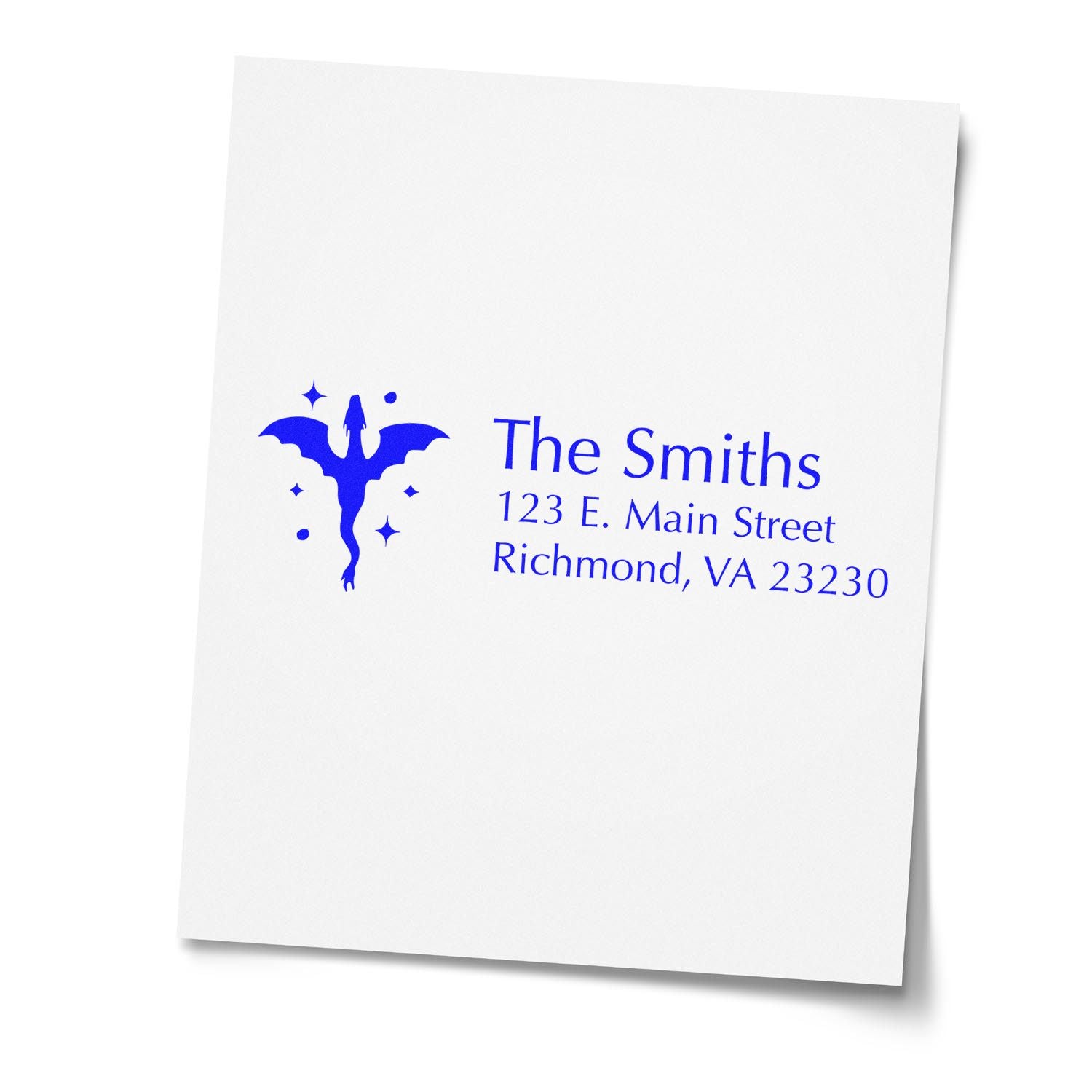 Custom return address rubber stamp for The Smiths with bat logo and Richmond, VA address in blue ink.