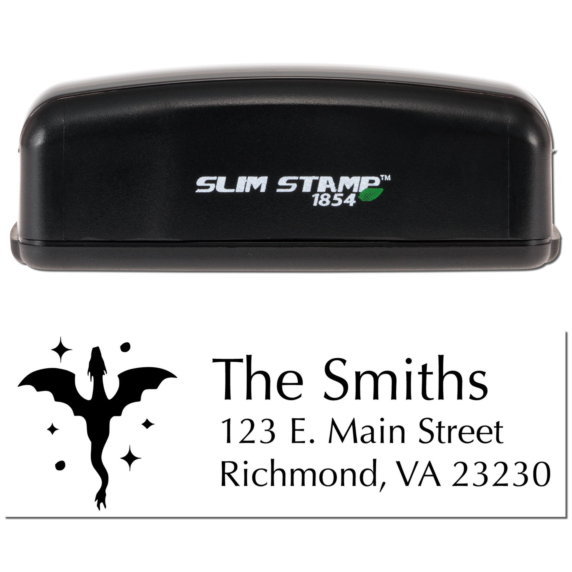 Slim Stamp 1854 custom address rubber stamp with bat logo and The Smiths, 123 E. Main Street, Richmond, VA imprint.
