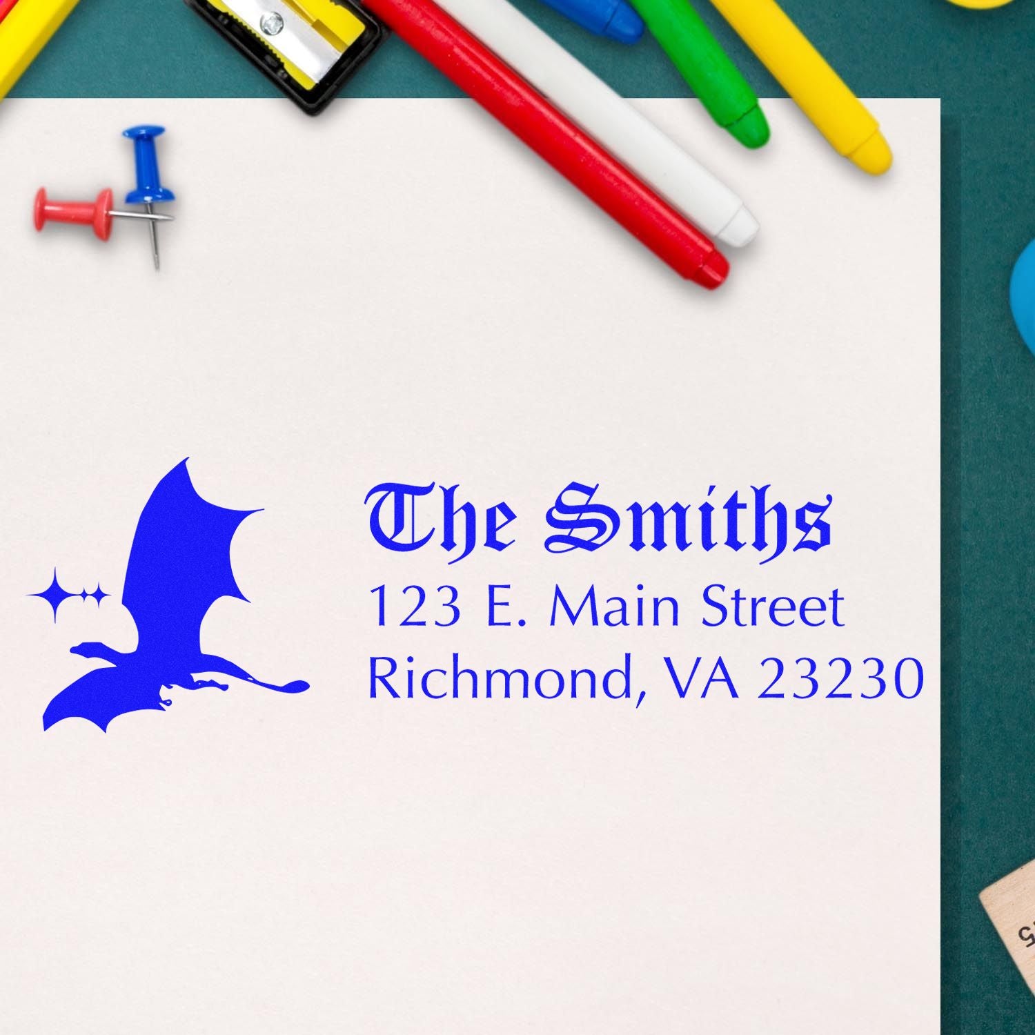 Custom personalized return address rubber stamp for The Smiths, with dragon logo and Richmond, VA mailing address.