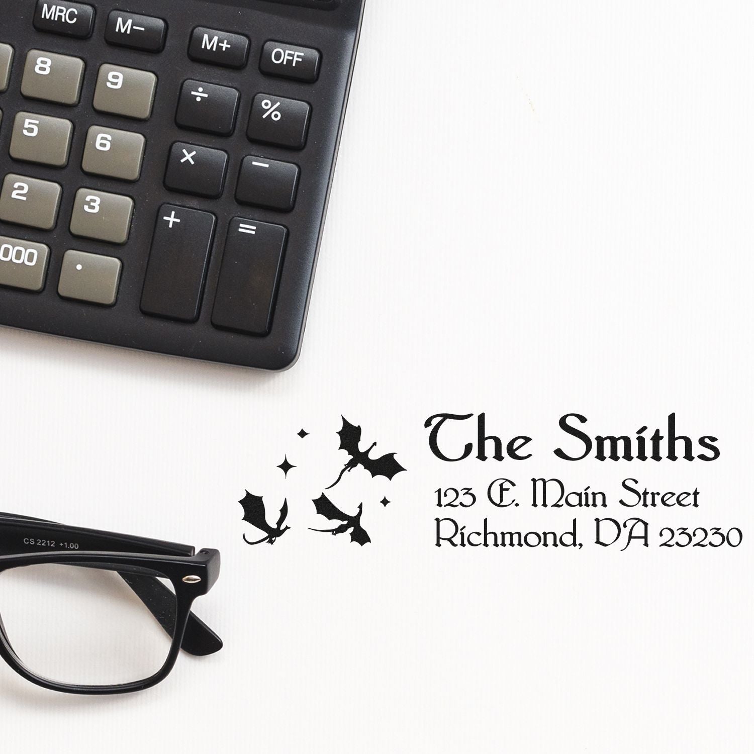 Custom return address rubber stamp with bats, featuring The Smiths and Richmond, VA for personalized mailing and holiday cards.