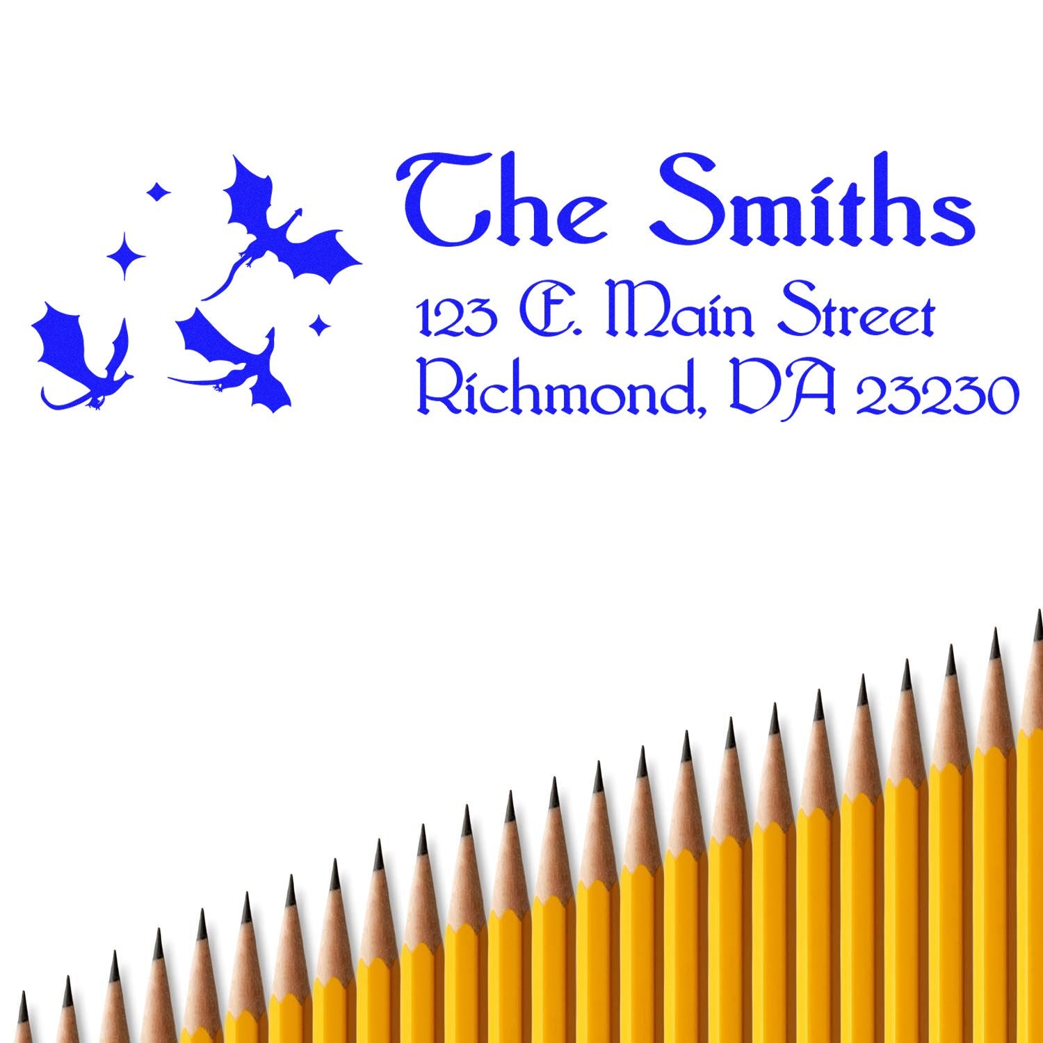 Custom return address rubber stamp with bat design for The Smiths, 123 E. Main Street, Richmond, VA 23230
