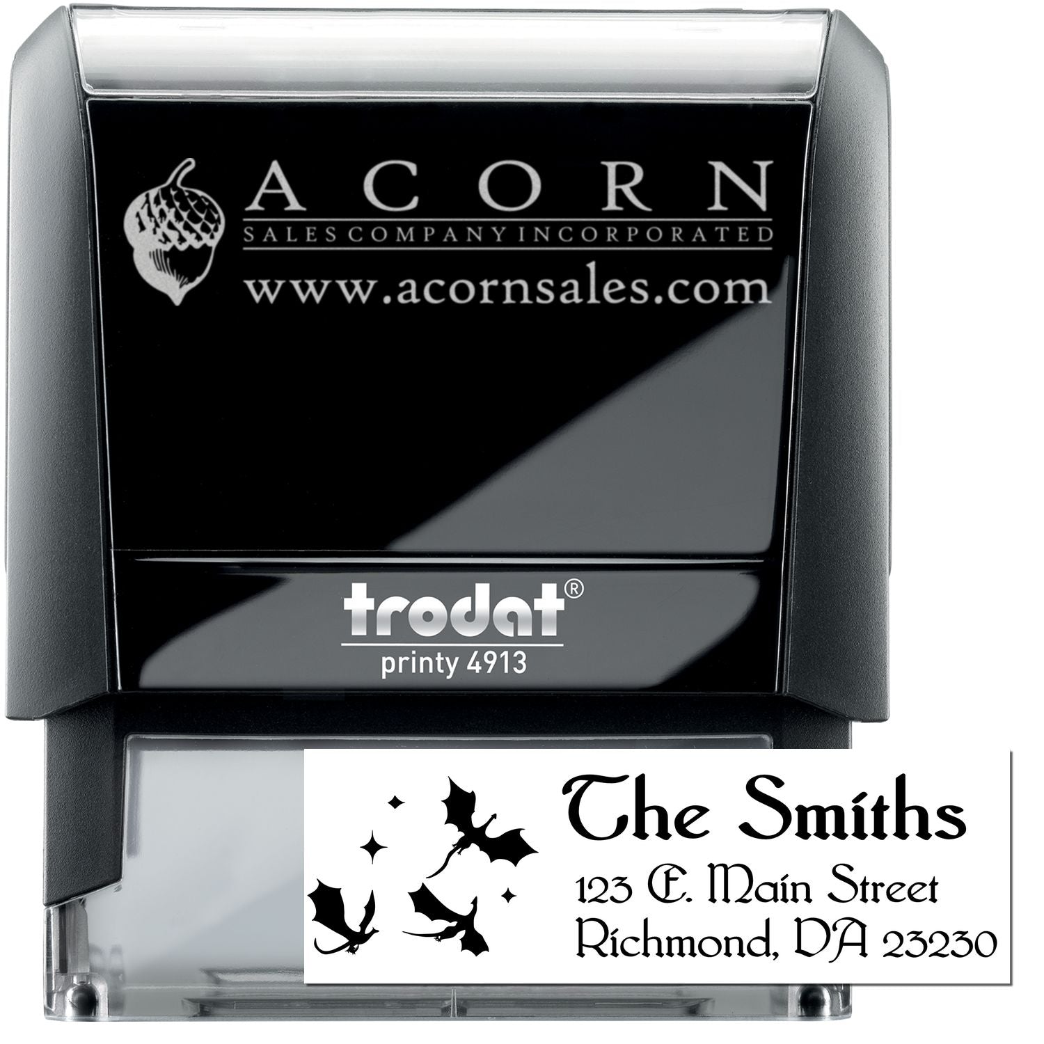 Custom business rubber stamp, self-inking Trodat Printy 4913, with logo and address imprint for professional mailing.
