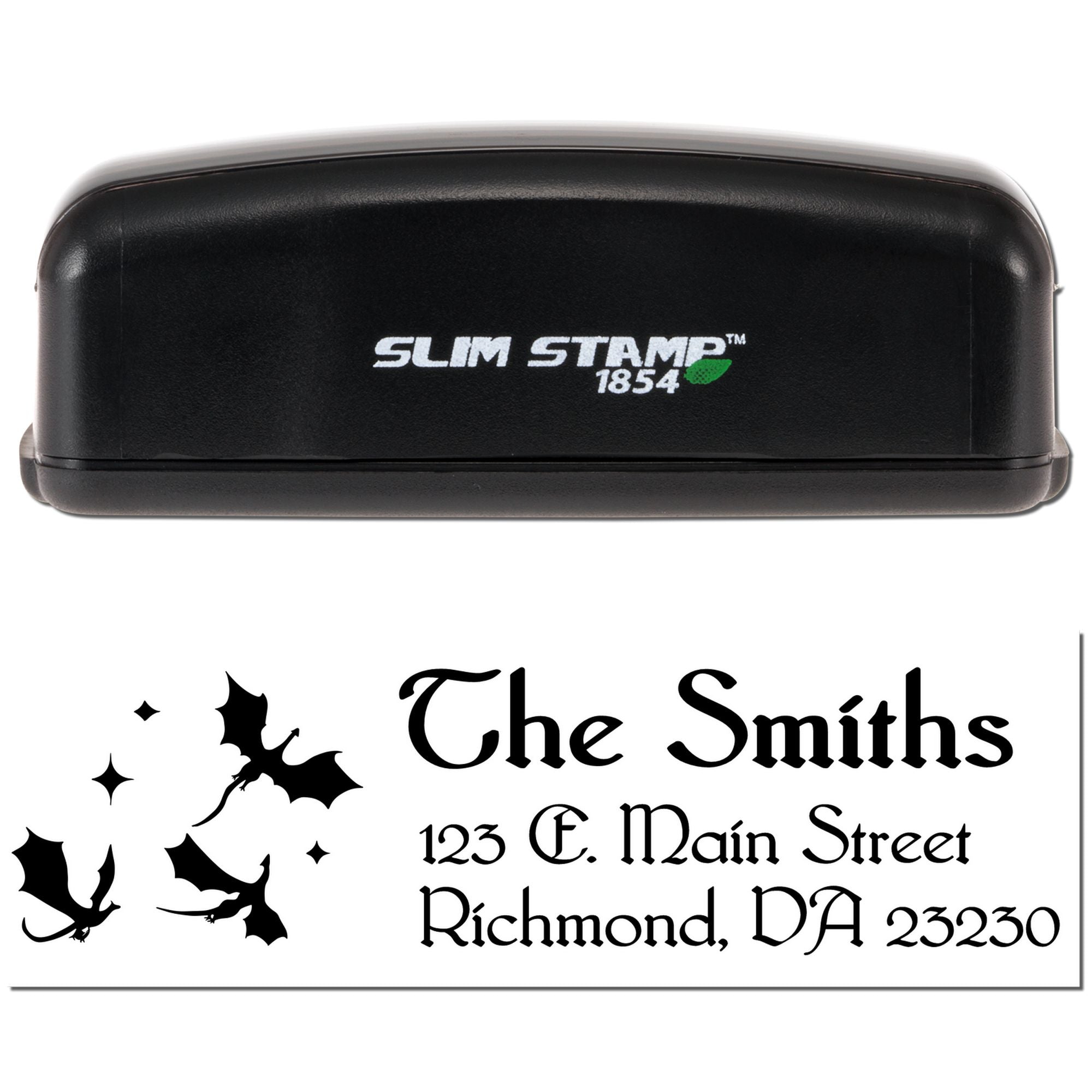 Custom self-inking rubber stamp with bat design and return address for The Smiths, Richmond, VA.