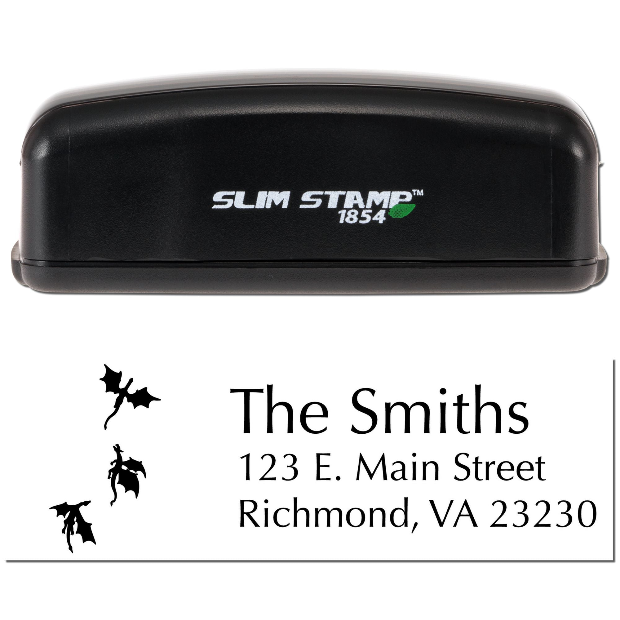Custom Slim Stamp 1854 self-inking rubber stamp for personalized address imprint with bat design and business-style text.