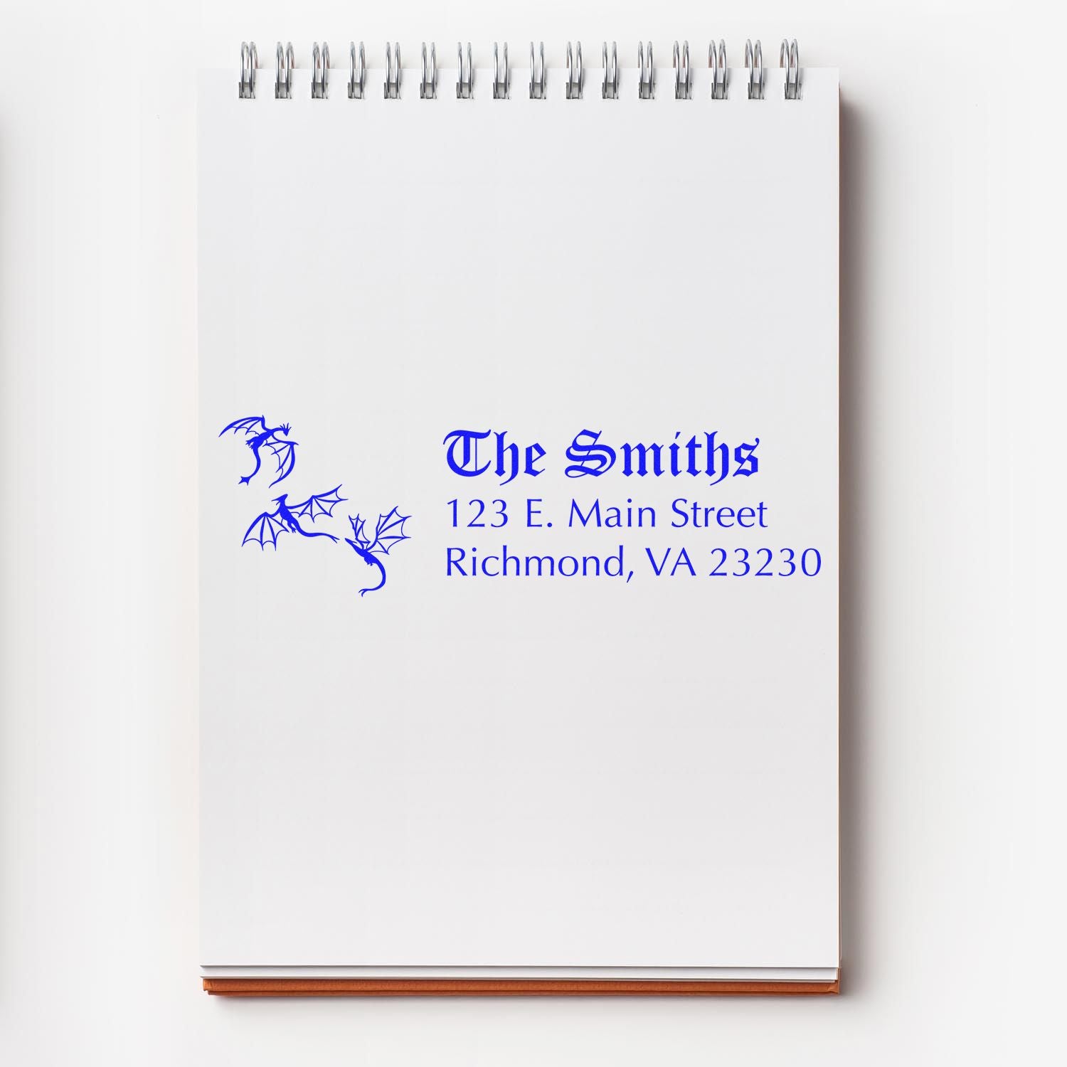 Custom rubber address stamp for The Smiths with dragon artwork, featuring family name and Richmond, VA return address.