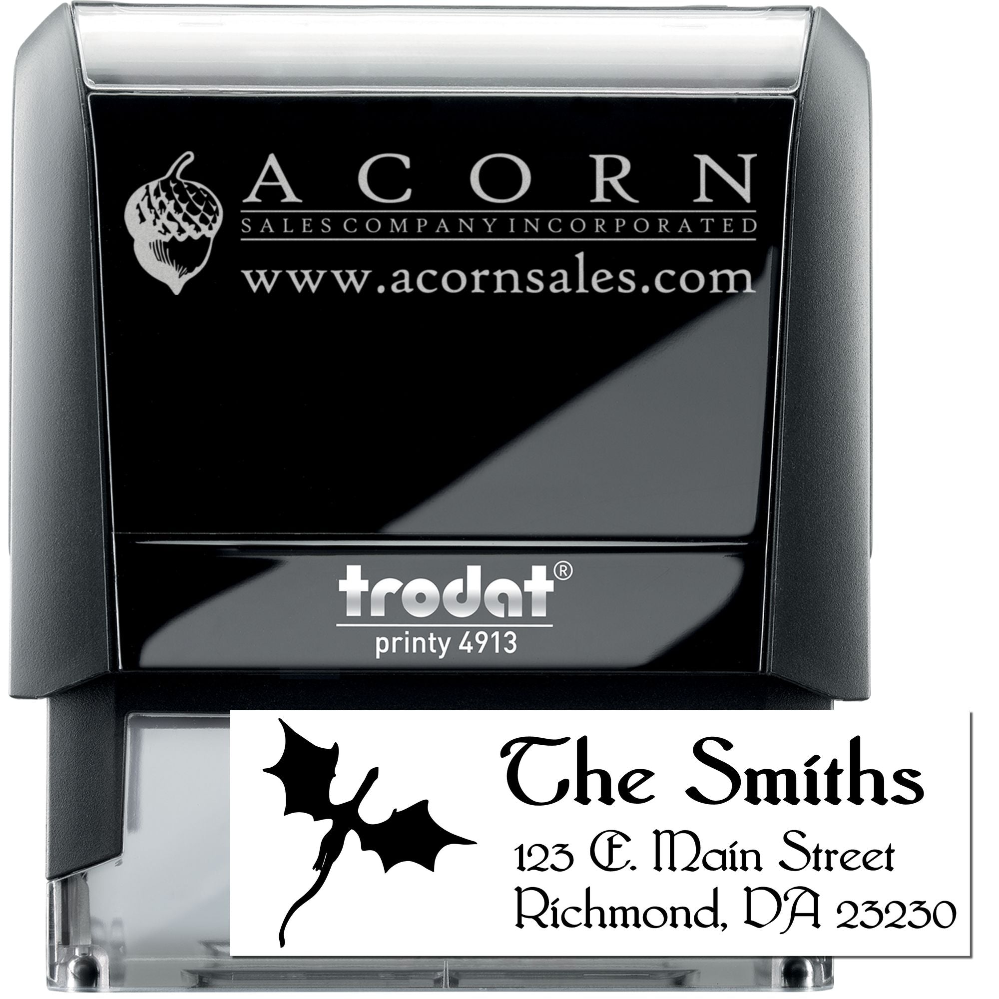 Trodat Printy 4913 custom self-inking rubber stamp with company logo and address for business branding.