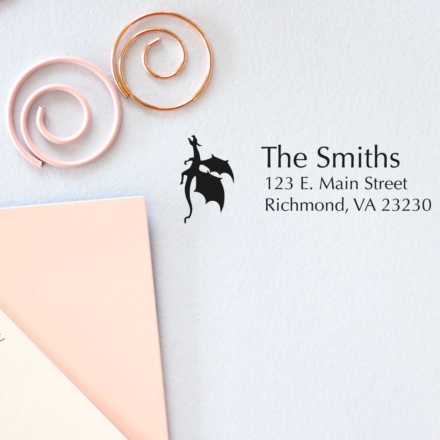 Personalized return address rubber stamp with dragon design for The Smiths, Richmond, VA stationery.
