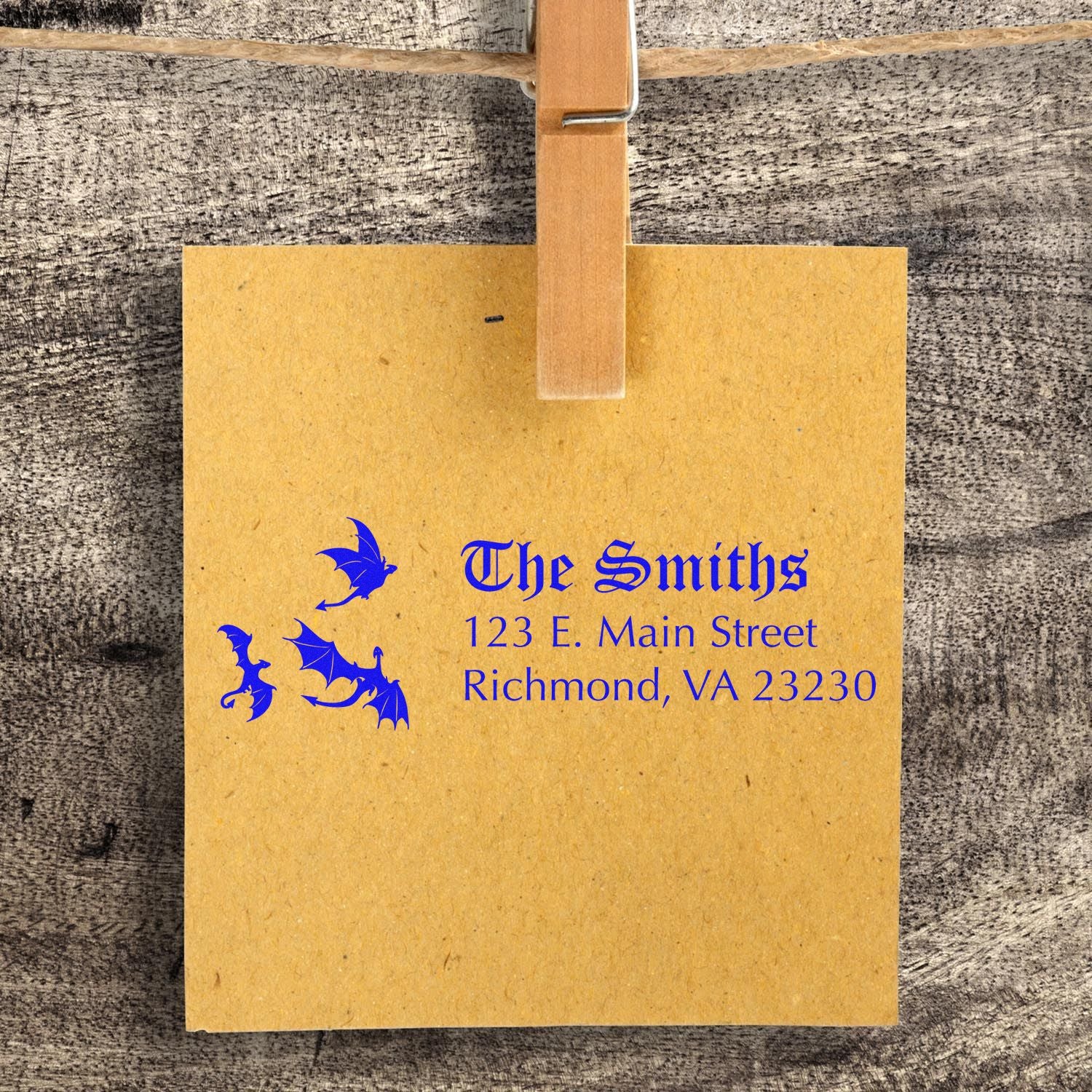 Custom return address rubber stamp for The Smiths, featuring bats and Richmond, VA on kraft paper.
