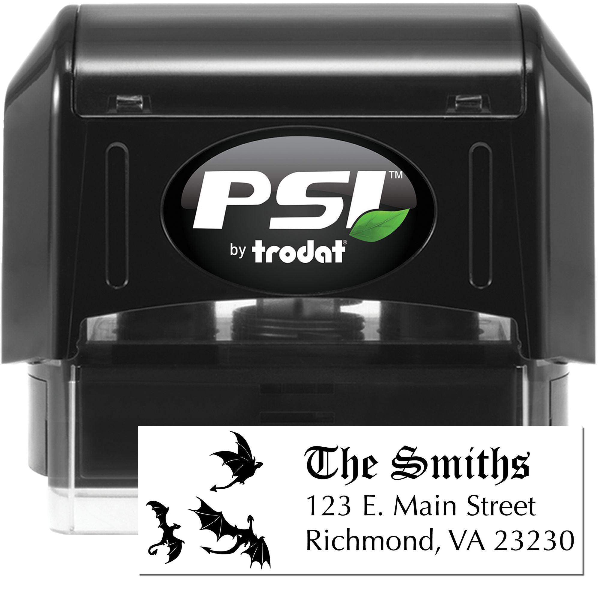 Custom self-inking address stamp by PSI Trodat with bats, The Smiths name, and Richmond, VA mailing address.