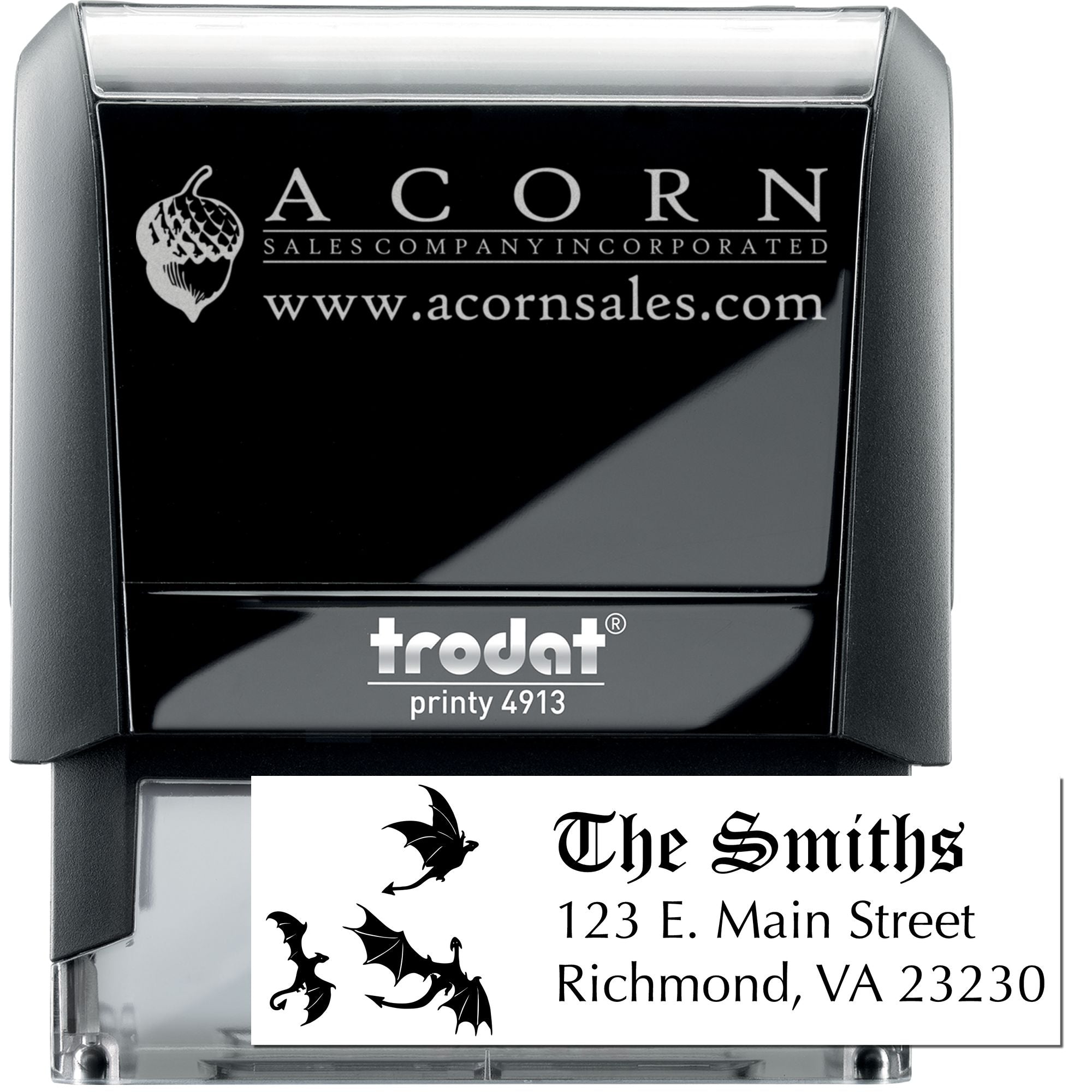 Custom self-inking business rubber stamp with logo and address imprint