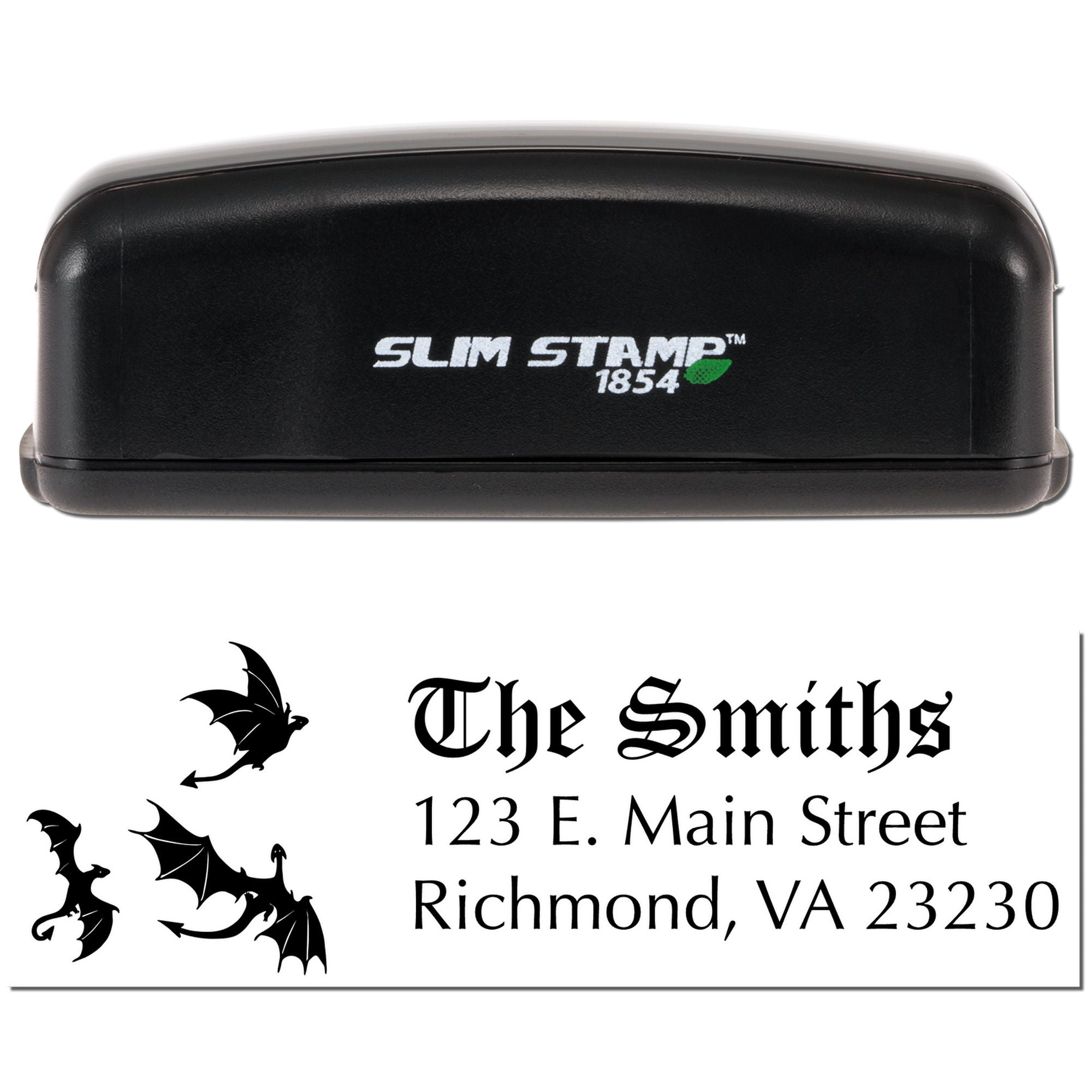 Custom self-inking Slim Stamp 1854 rubber stamp with dragon design, family name, and address for personalized mail.