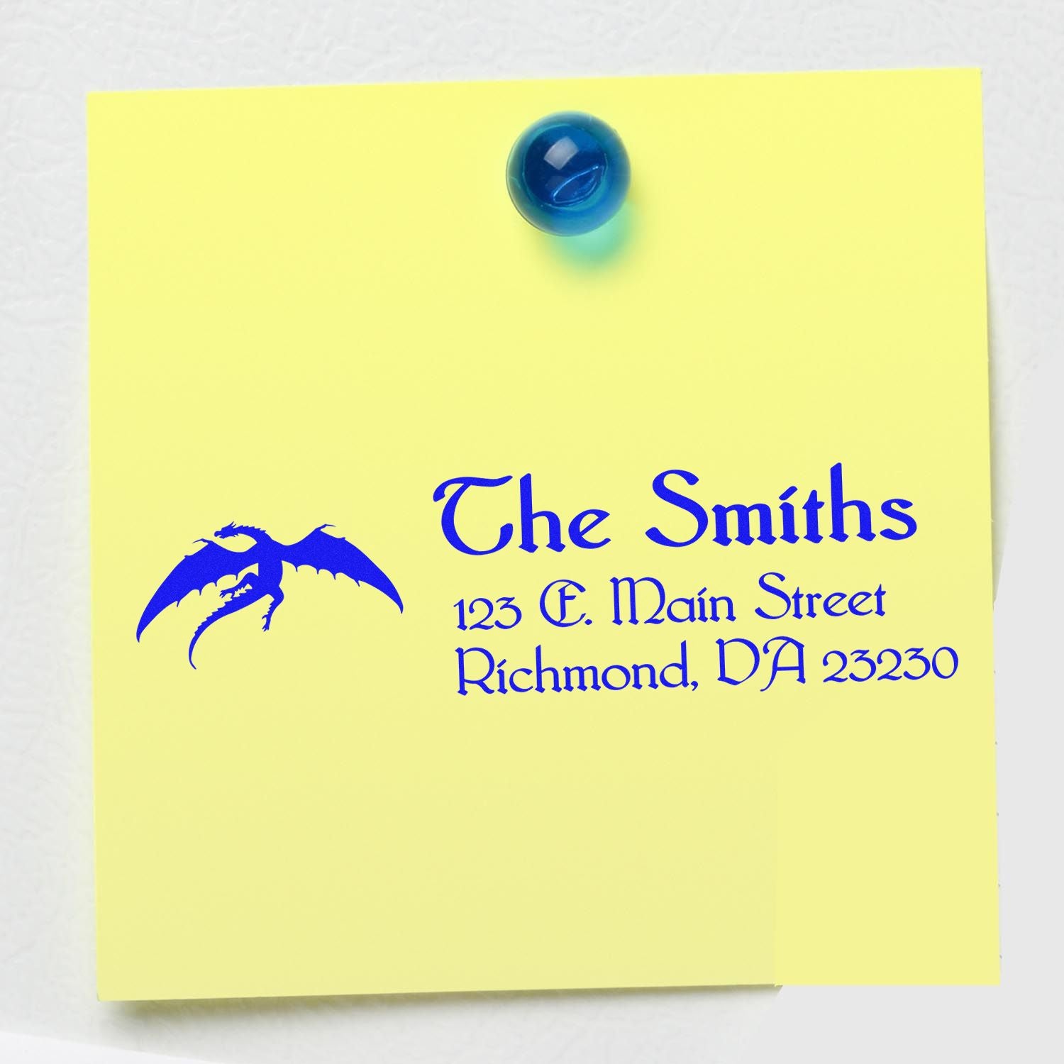 Custom rubber address stamp for The Smiths with dragon logo and Richmond, VA 23230 return address.