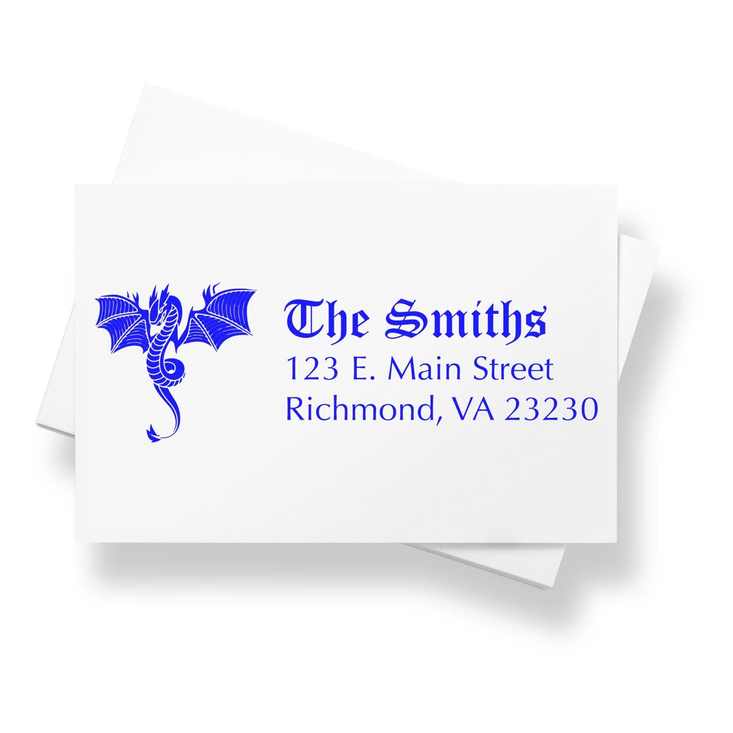 Custom return address rubber stamp with dragon logo for The Smiths, 123 E. Main Street, Richmond, VA 23230.