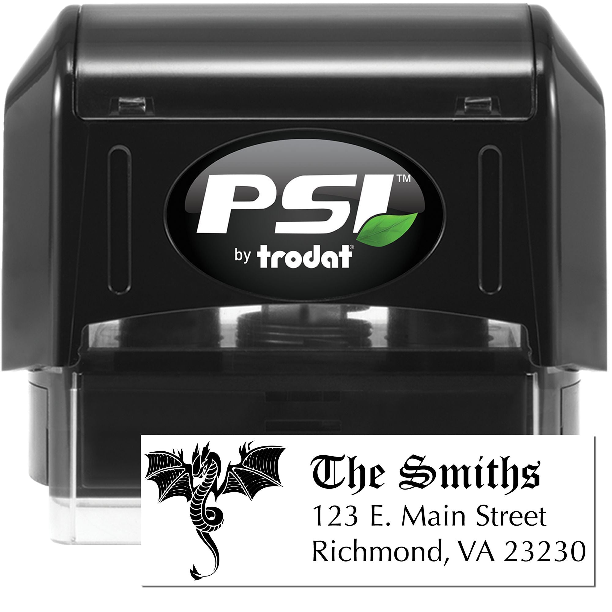 PSI by Trodat self-inking custom dragon return address stamp for The Smiths, Richmond, VA 23230