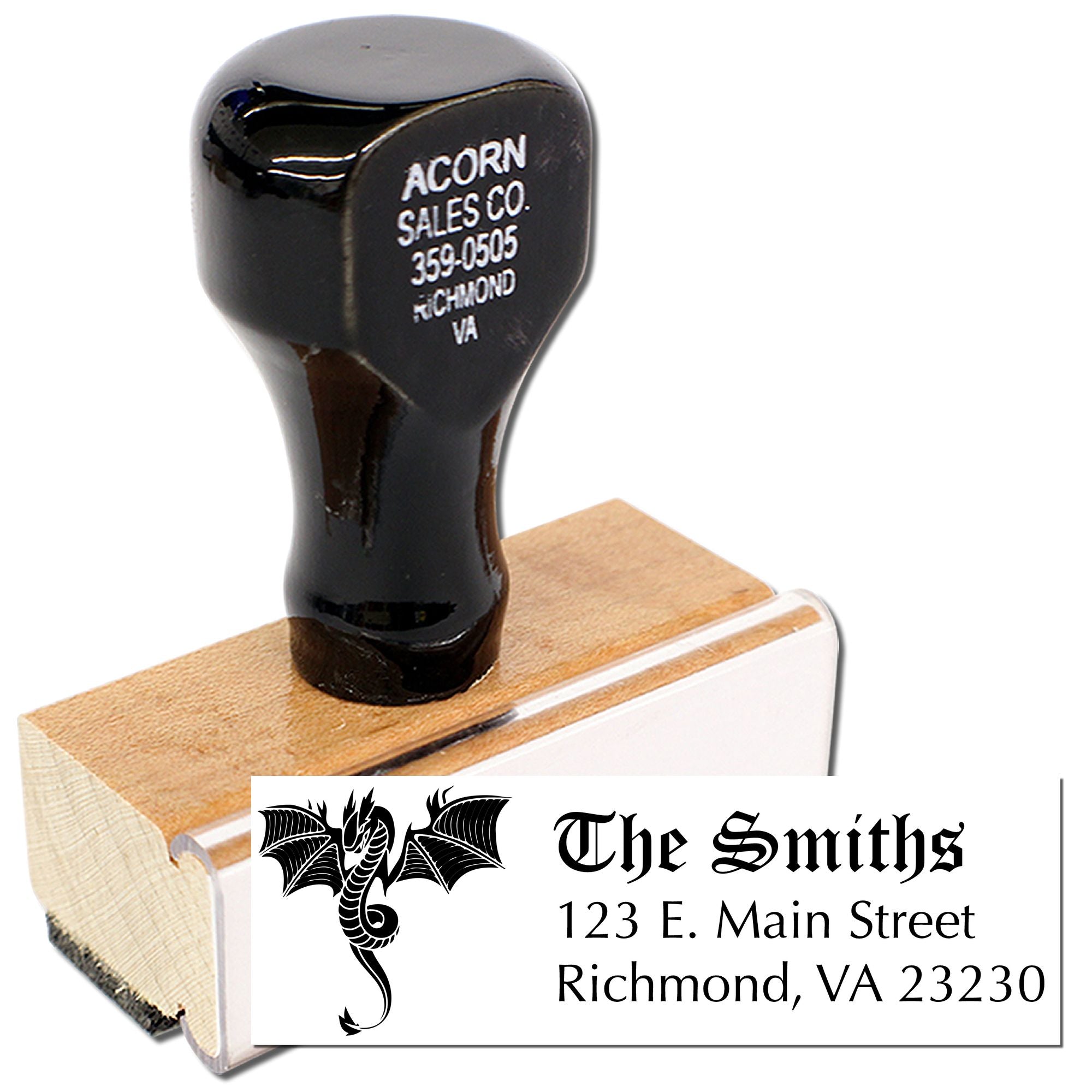 Custom wooden rubber stamp with dragon logo and The Smiths return address for personalized mailing.
